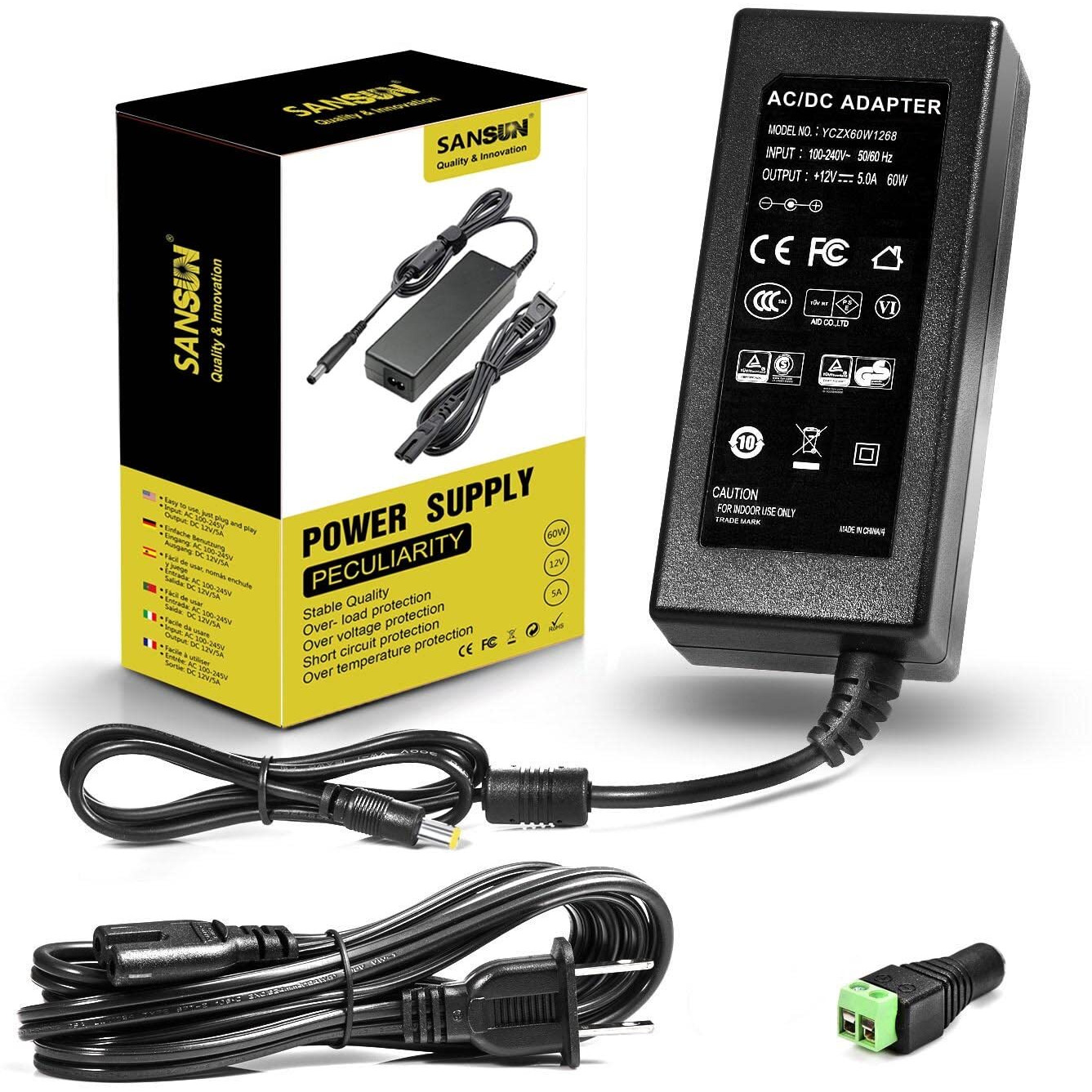 12V 5A Power Supply For Led Strip Lights, 60W Power Adapter, 120V Ac To 12V Dc Transformer (Pack Of 1)