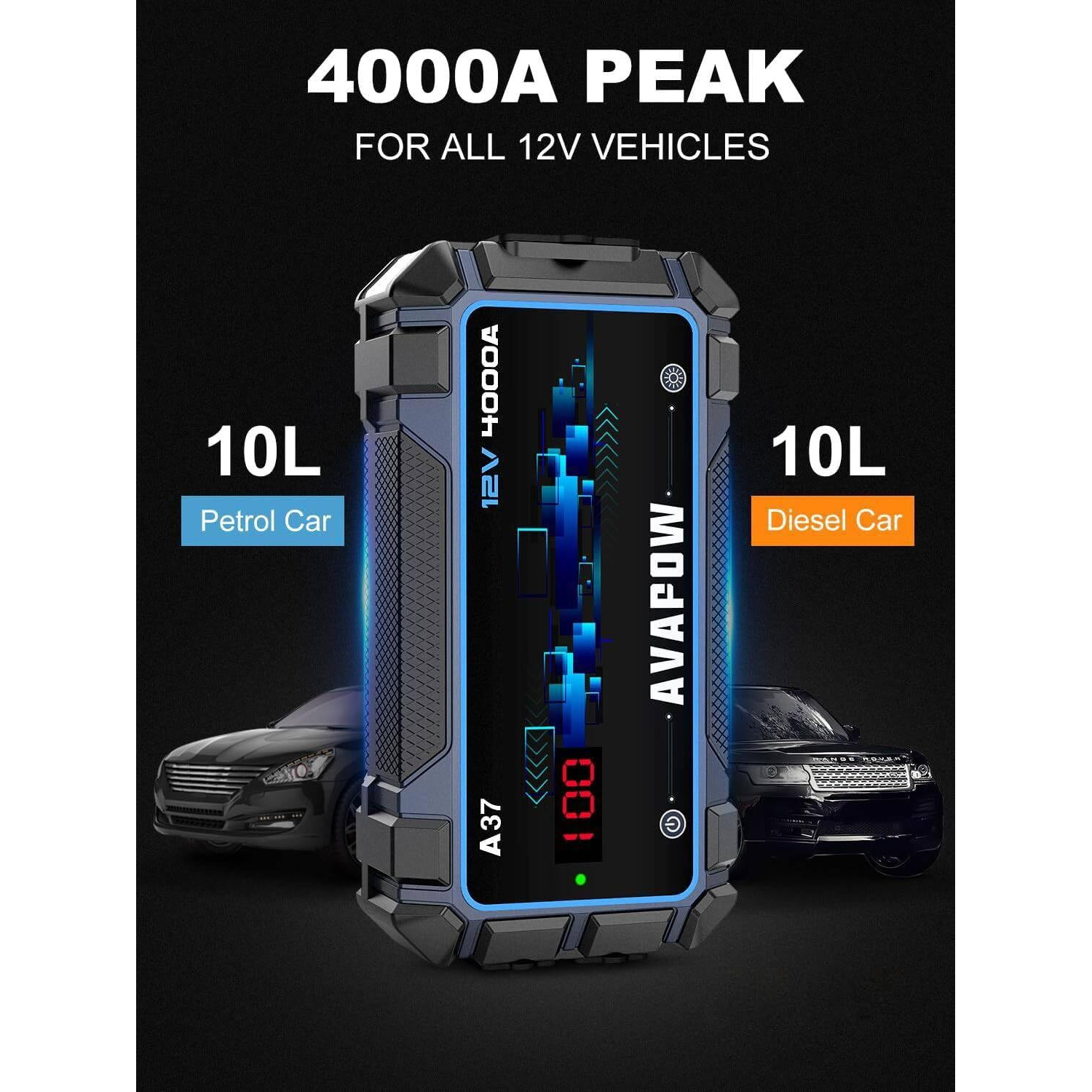 Avapow Jump Starter Car Battery 4000A Peak,Portable Jump Starters For Up To 10L Gas 10L Diesel Engine,12V Lithium Jump Pack With Smart Safety Clamp, Ip65