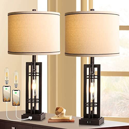 Rottogoon Set Of 2 Table Lamps With Usb Ports, 27.5"" Tall Farmhouse With 2 Led Nightlight Blubs, Bedside Lamp Oil Rubbed Bronze Off White Oatmeal Shade For Living Room Bedroom Home Office
