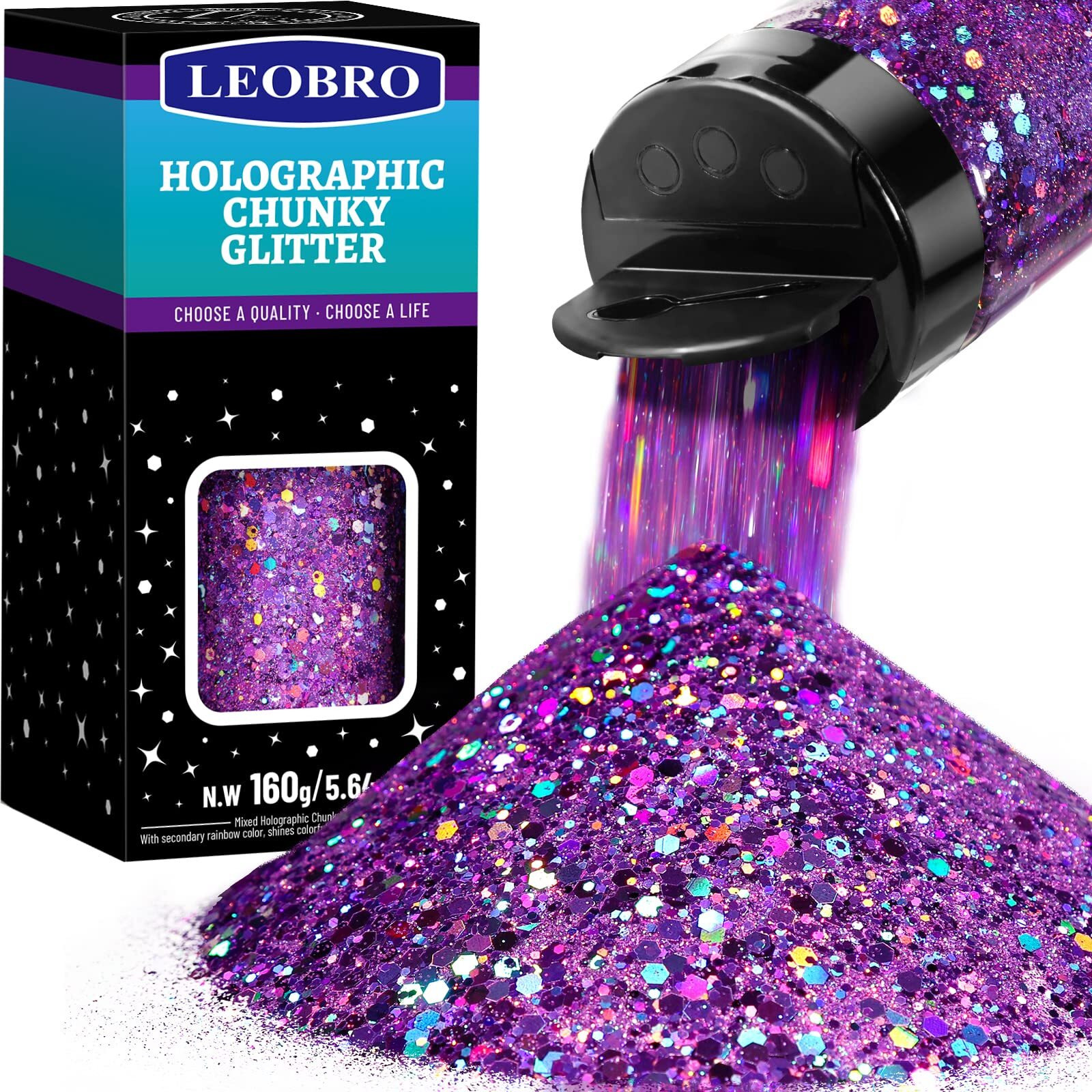 Leobro Purple Glitter, 160G/5.64Oz Glitter, Holographic Chunky Glitter, Craft Glitter For Resin, Metallic Iridescent Chunky Fine Glitter Sequin Flake Bulk, Glitter For Makeup Body, Tumblers Glitter