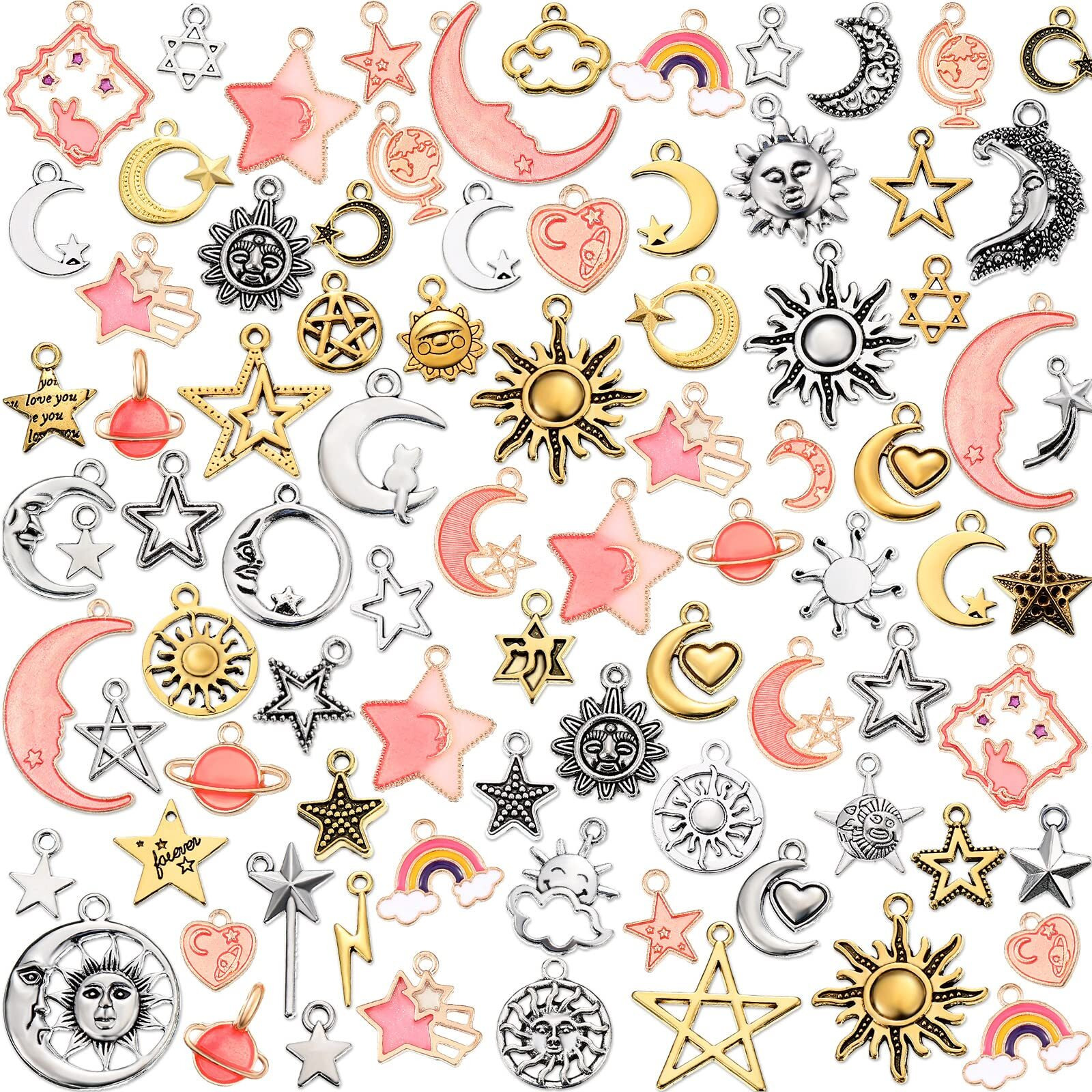 160 Pcs Bracelet Charms, Mixed Antique Sun Star Moon Charm Pendant Plated Celestial Charm For Jewelry Making (Silver, Gold, Pink)