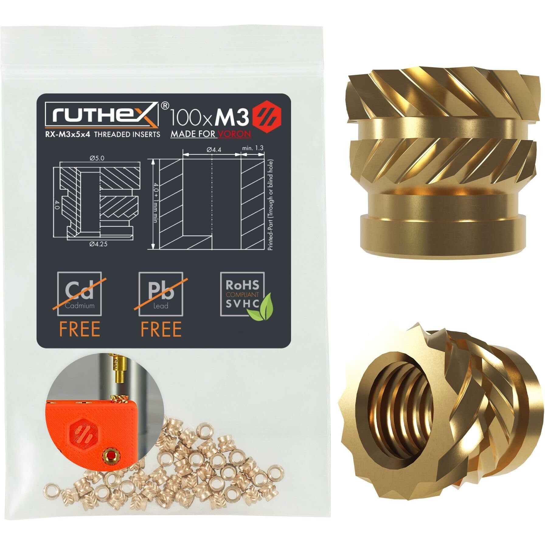 Ruthex M3 Threaded Inserts Voron - 100 Pieces Rx-M3X5X4 Brass Heat Set Insert For Plastic Parts - Metric Knurled Nuts - Insert By Heat Into 3D Printing Components