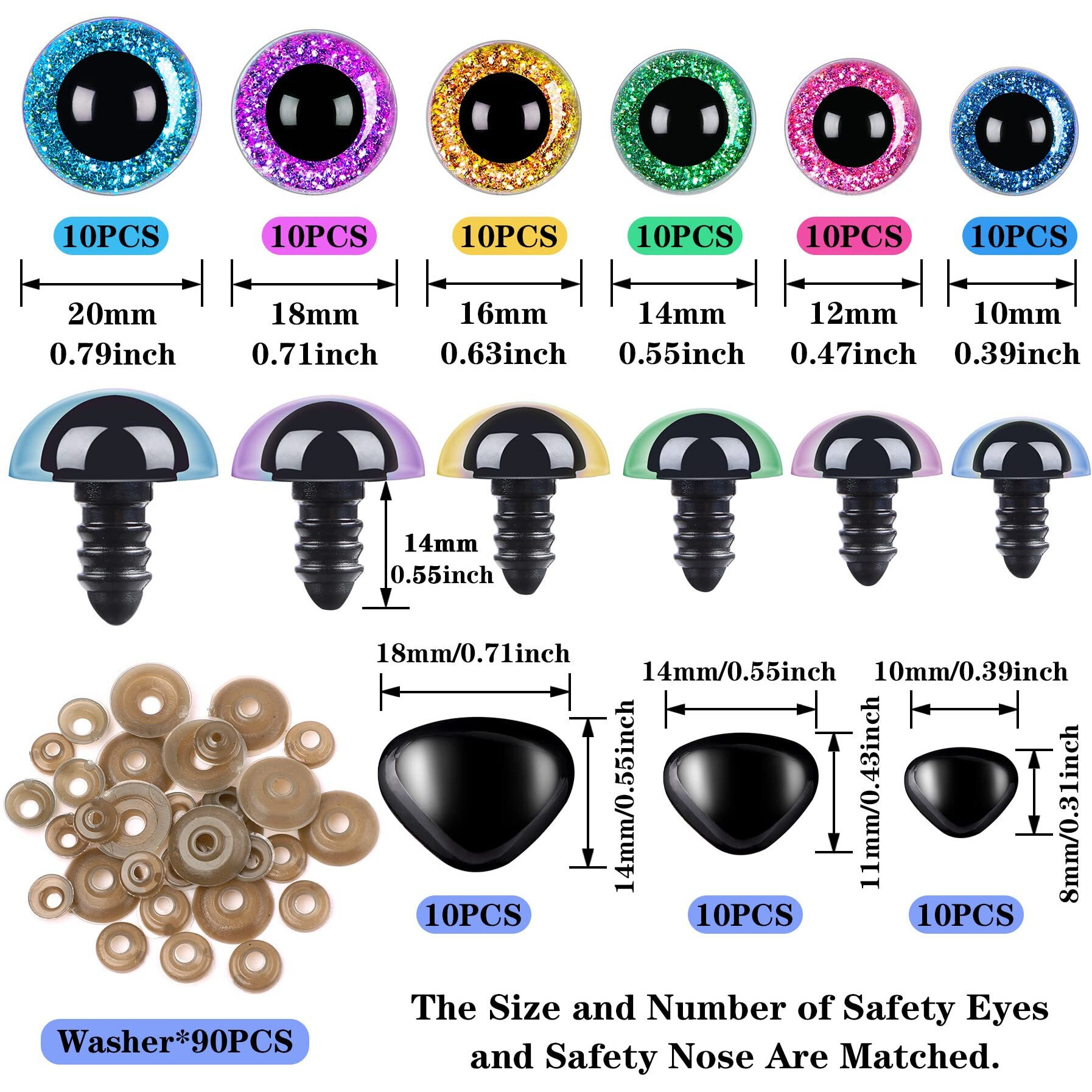 Upins 180 Pieces 10-20 Mm Large Safety Eyes And Nose With Washers For Amigurumi Stuffed Animal Eyes Plastic Craft Doll Crochet Eyes For Diy Of Puppet, Bear, Toy Making Supplies (Assorted Colors)