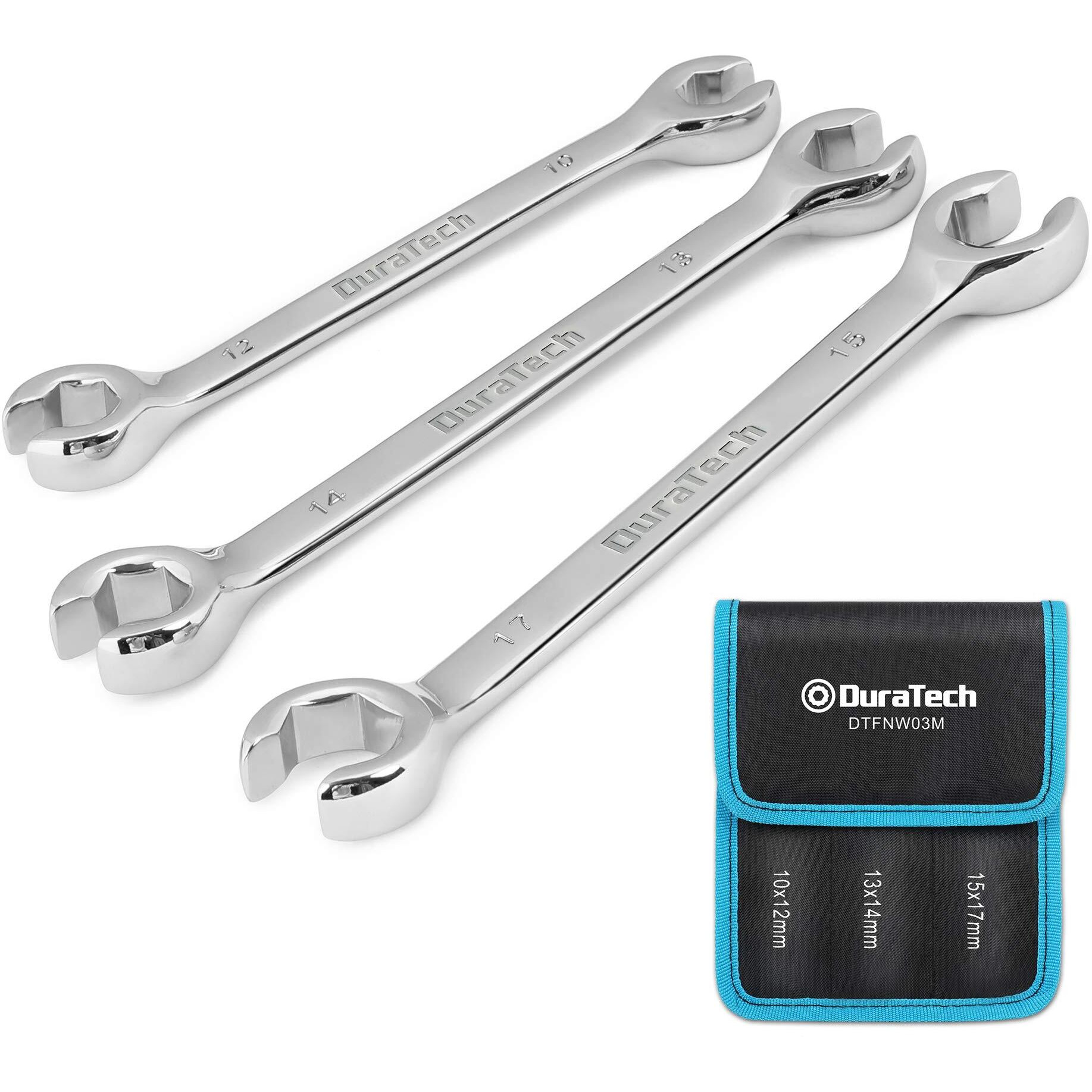 Duratech Flare Nut Wrench Set, Metric, 3-Piece, 10, 12, 13, 14, 15, 17Mm, Cr-V Steel, Organizer Pouch Included
