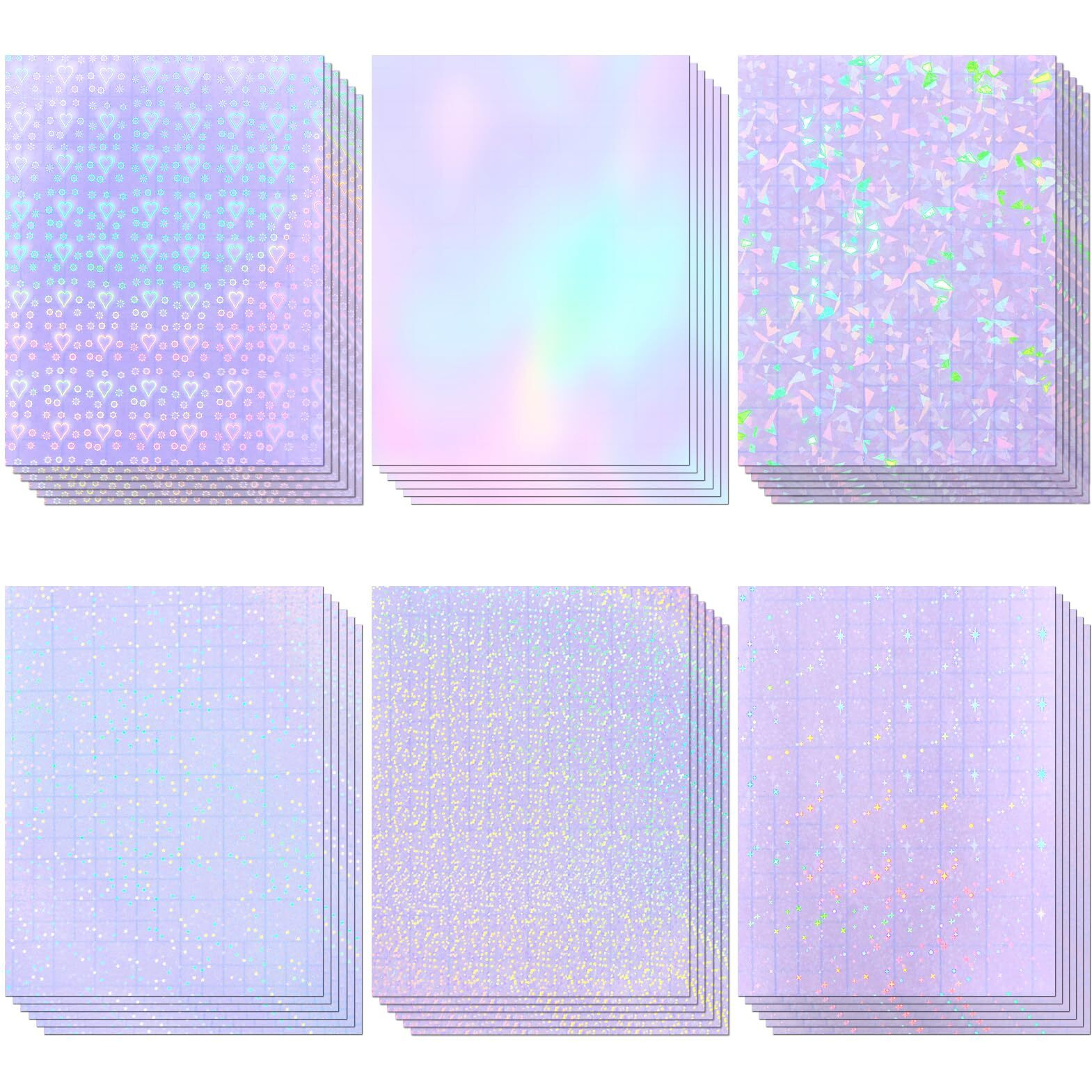 36 Sheets Holographic Sticker Paper, Clear Vinyl Lamination Sticker Film Self Adhesive, Transparent Overlay Laminate Sticker Paper Waterproof-Gem/Dots/Sand Star/Rainbow/Star/Heart, 8.5X11 Inch