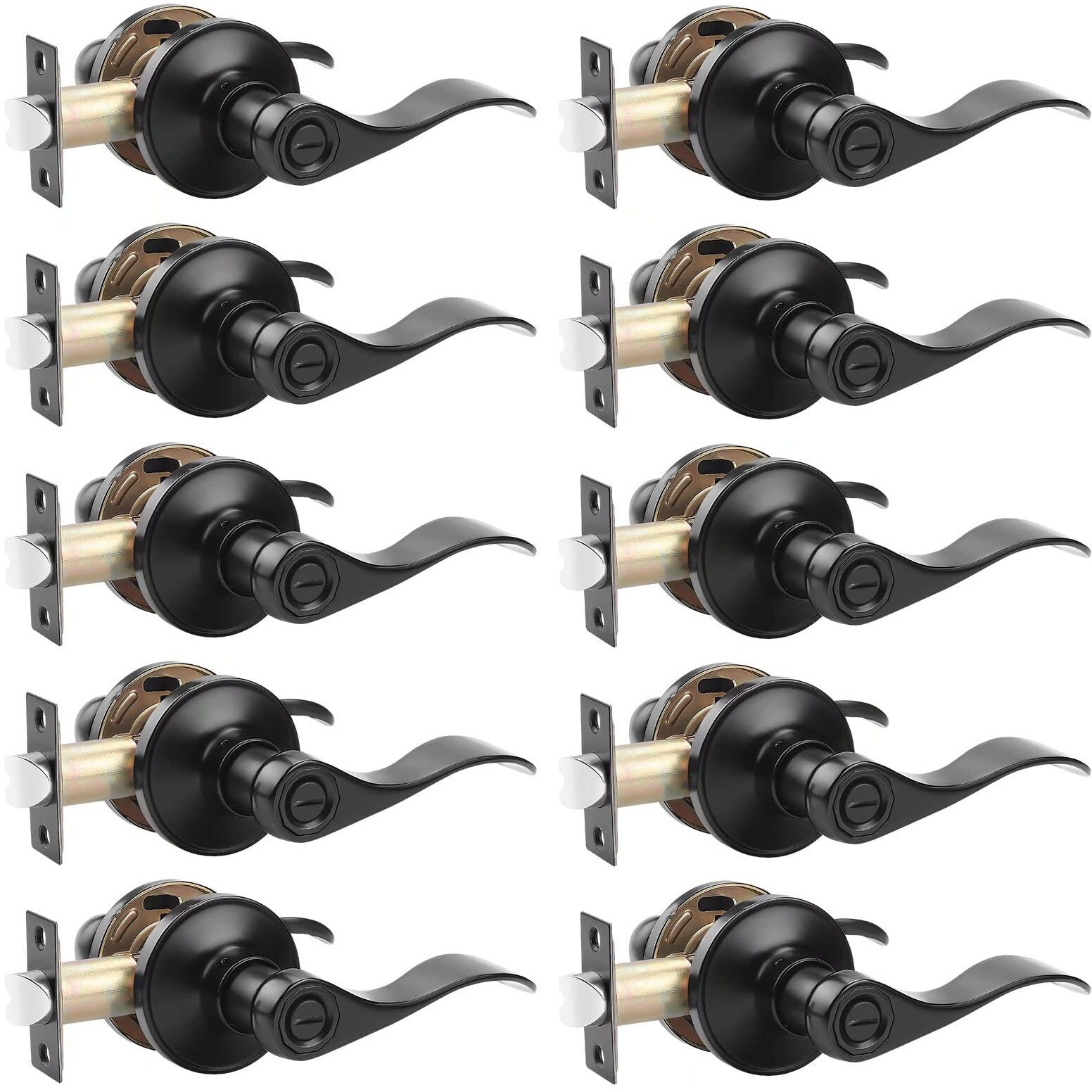 Probrico (10 Pack Privacy Door Lever,Locking Black Door Handle Set For Bathroom & Bedroom Doors,Keyless Interior Door Handle Black Finish Wave Door Lock, Reversible Right & Left Side Handed