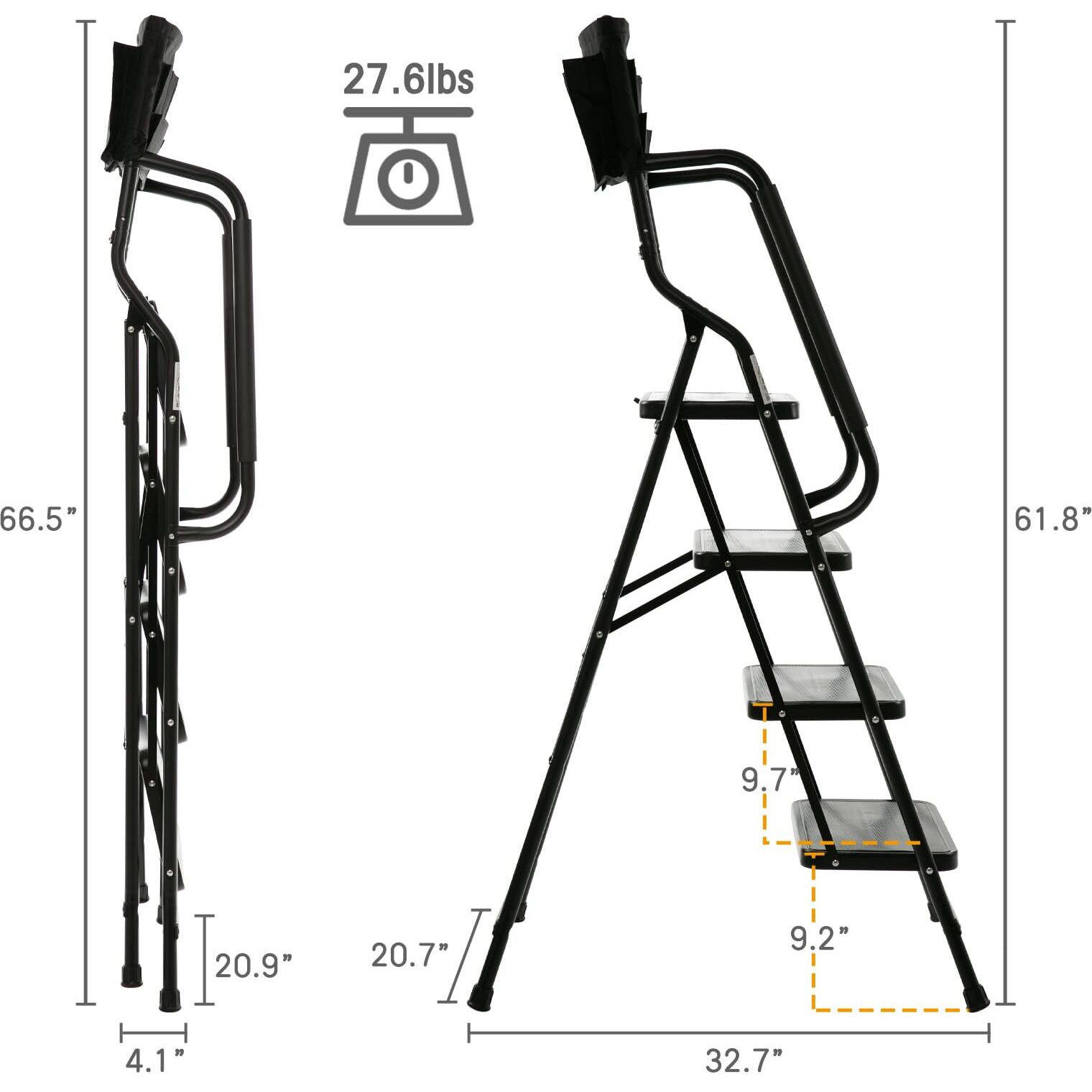 Wiberwi 4 Step Ladder With Handrails 500 Lb Capacity Step Stool Folding Portable Ladders For Home Kitchen Steel Frame With Non-Slip Wide Pedal Stepladder With Attachable Tool Bag Black