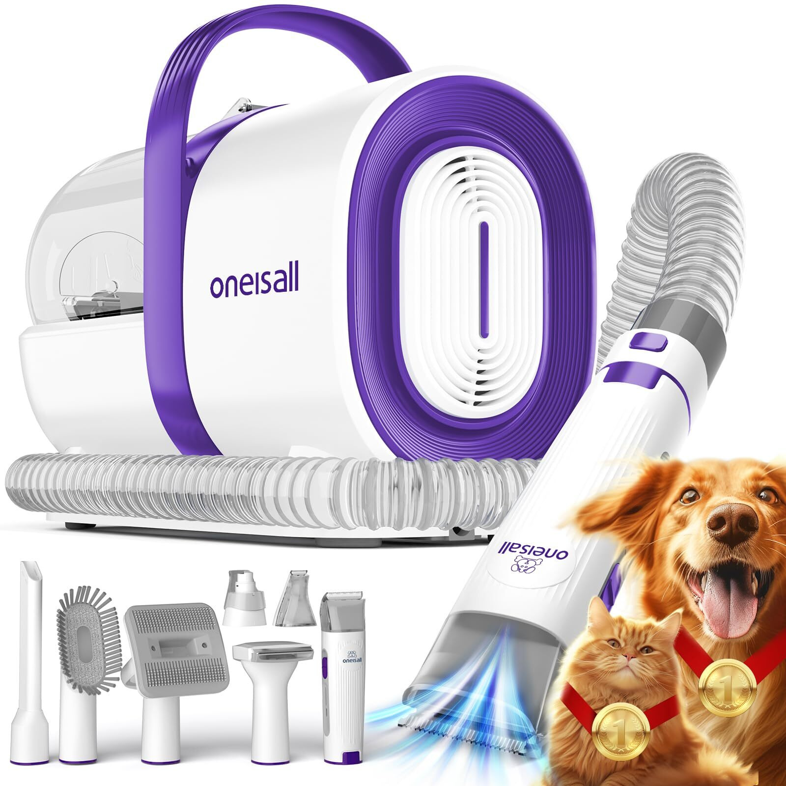 Oneisall Dog Grooming Vacuum, Pet Grooming Vacuum With Clipper Nail Grinder, 1.5L Dust Cup Dog Deshedding Vacuum Brush With 7 Pet Grooming Tools For Shedding Pet Hair, Home Cleaning