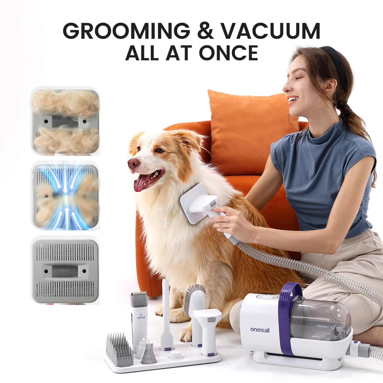Oneisall Dog Grooming Vacuum, Pet Grooming Vacuum With Clipper Nail Grinder, 1.5L Dust Cup Dog Deshedding Vacuum Brush With 7 Pet Grooming Tools For Shedding Pet Hair, Home Cleaning