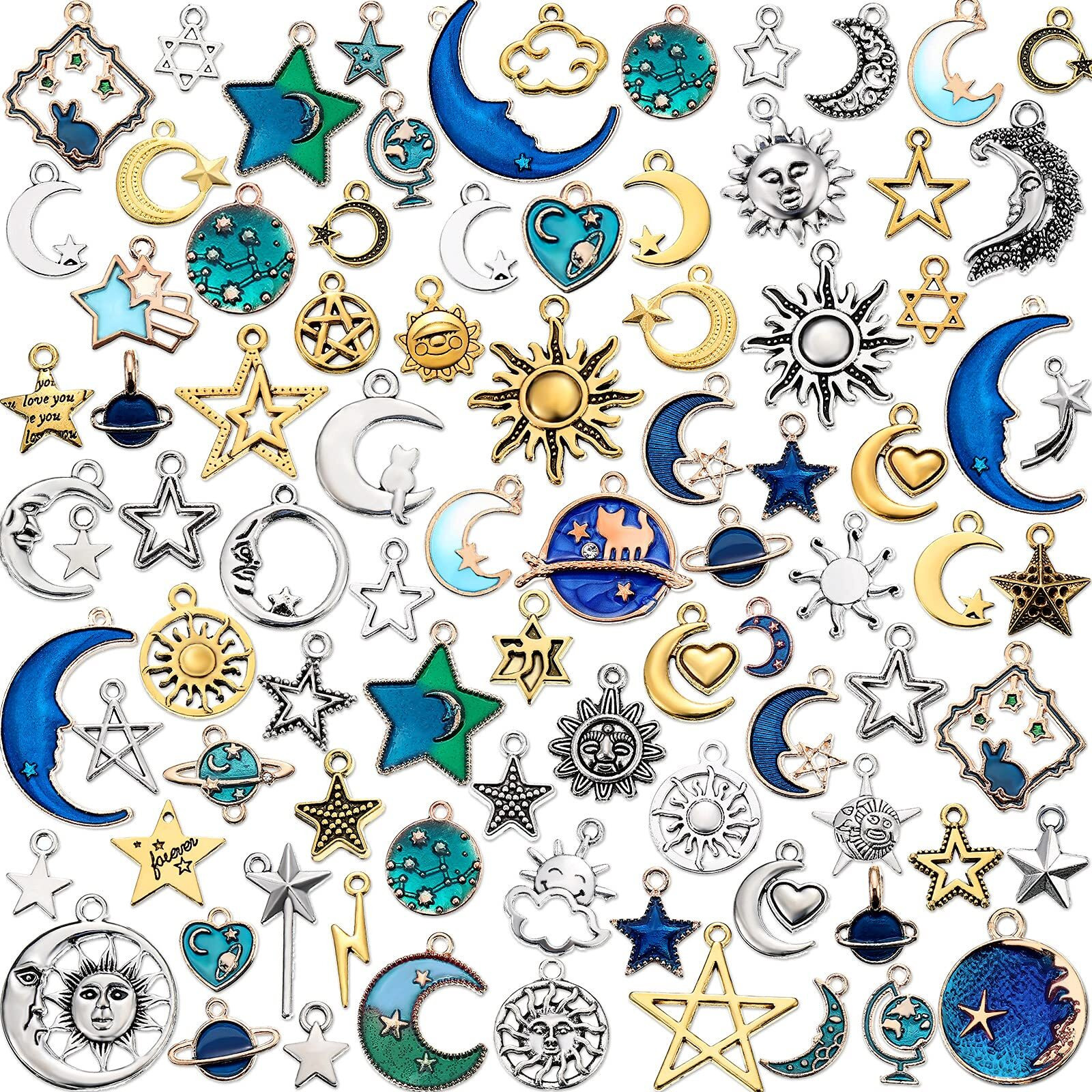 160 Pcs Bracelet Charms, Mixed Antique Sun Star Moon Charm Pendant Plated Celestial Charm For Jewelry Making (Silver, Gold, Blue)