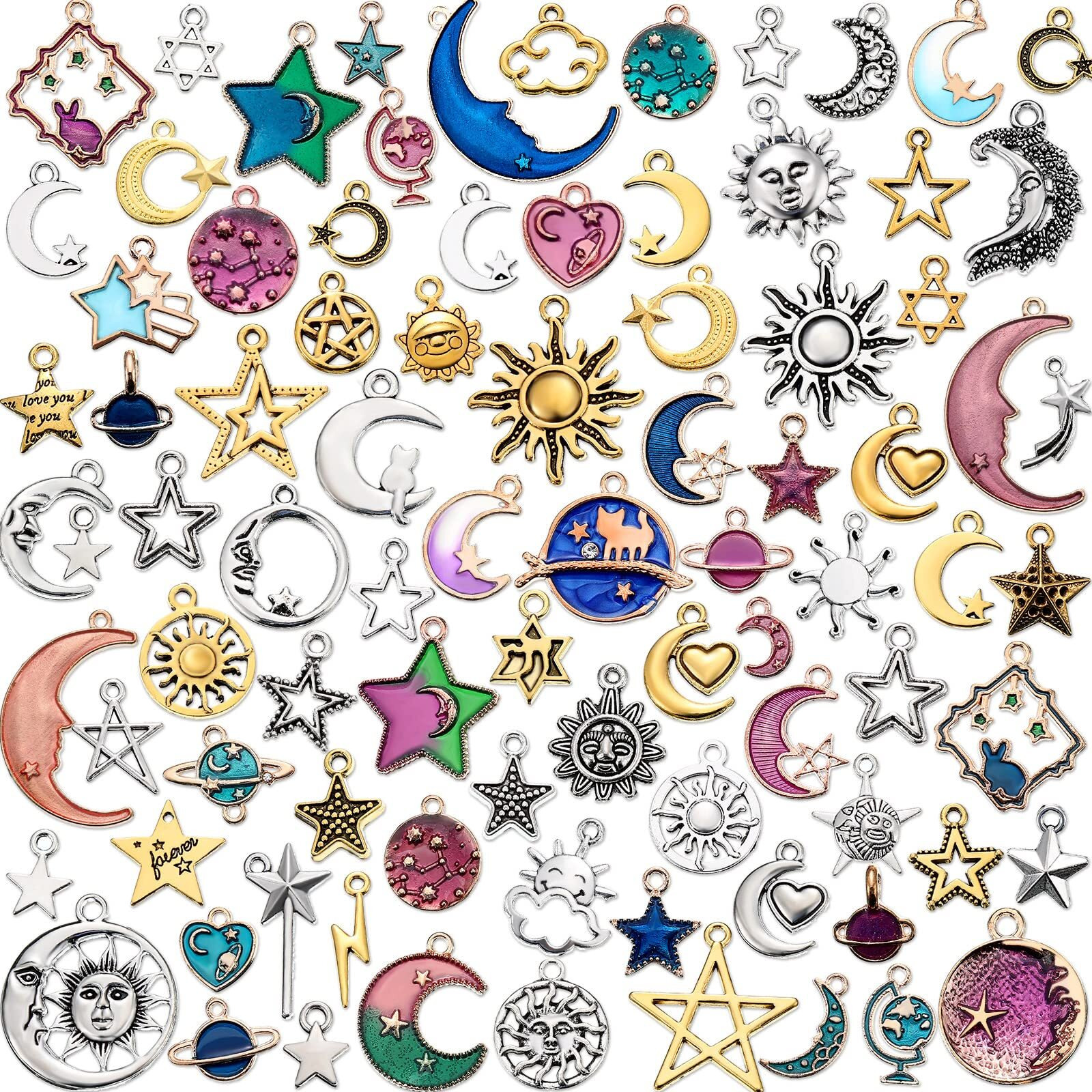160 Pcs Bracelet Charms, Mixed Antique Sun Star Moon Charm Pendant Plated Celestial Charm For Jewelry Making (Silver, Gold, Blue, Purple)