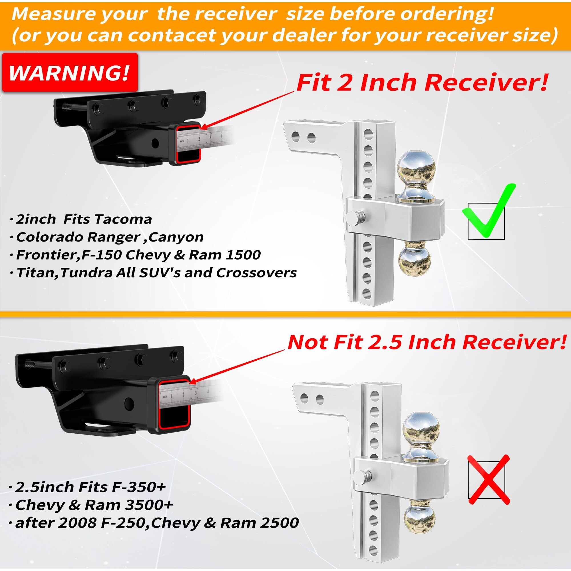 Locame Adjustable Trailer Hitch, Fits 2-Inch Receiver Only, 10-Inch Drop/Rise Aluminum Drop Hitch, 12,500 Lbs Gtw-Tow Hitch For Heavy Duty Truck With Double Stainless Steel Locks, Silver, Lc0005