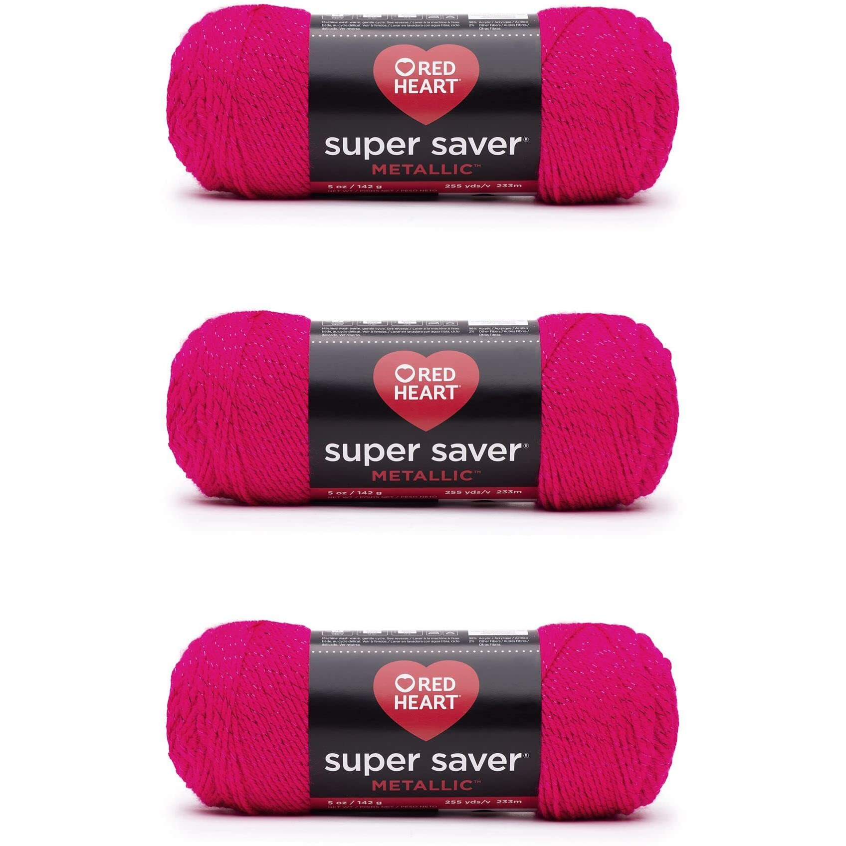 Red Heart Super Saver Metallic Fuchsia Yarn - 3 Pack Of 5Oz/142G - Acrylic - 4 Medium (Worsted) - 255 Yards - Knitting/Crochet