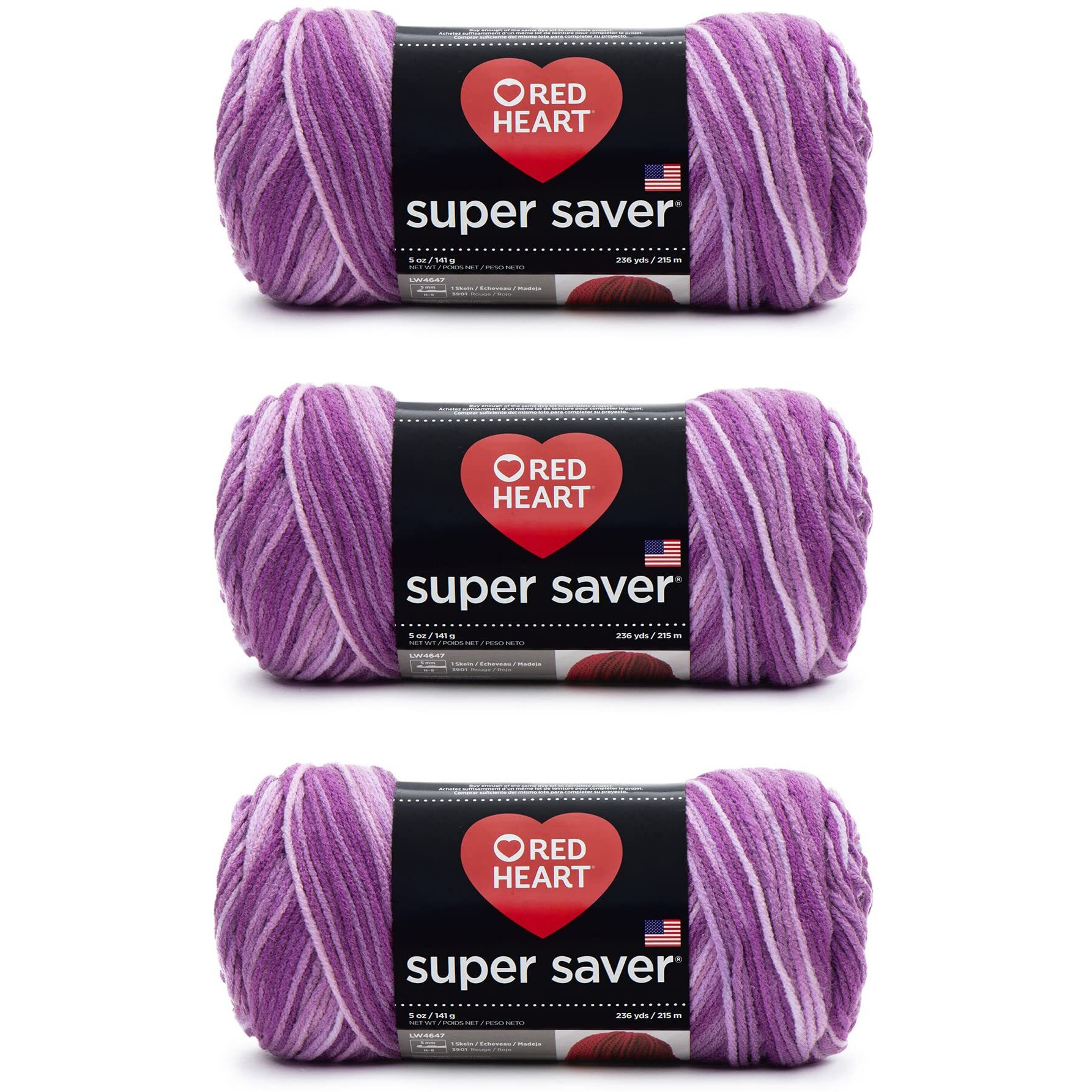 Red Heart Super Saver Purple Tones Yarn - 3 Pack Of 141G/5Oz - Acrylic - 4 Medium (Worsted) - 364 Yards - Knitting/Crochet
