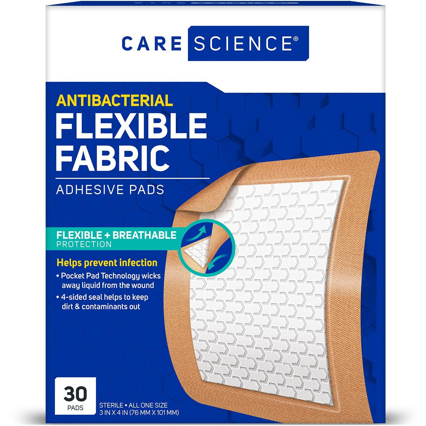 Care Science Fabric Adhesive Pad Bandages, 3X4 Inches Extra Large Flexible Non-Stick Strip, Helps Prevent Infection, Breathable Protection, For First Aid & Wound Care, 30 Count