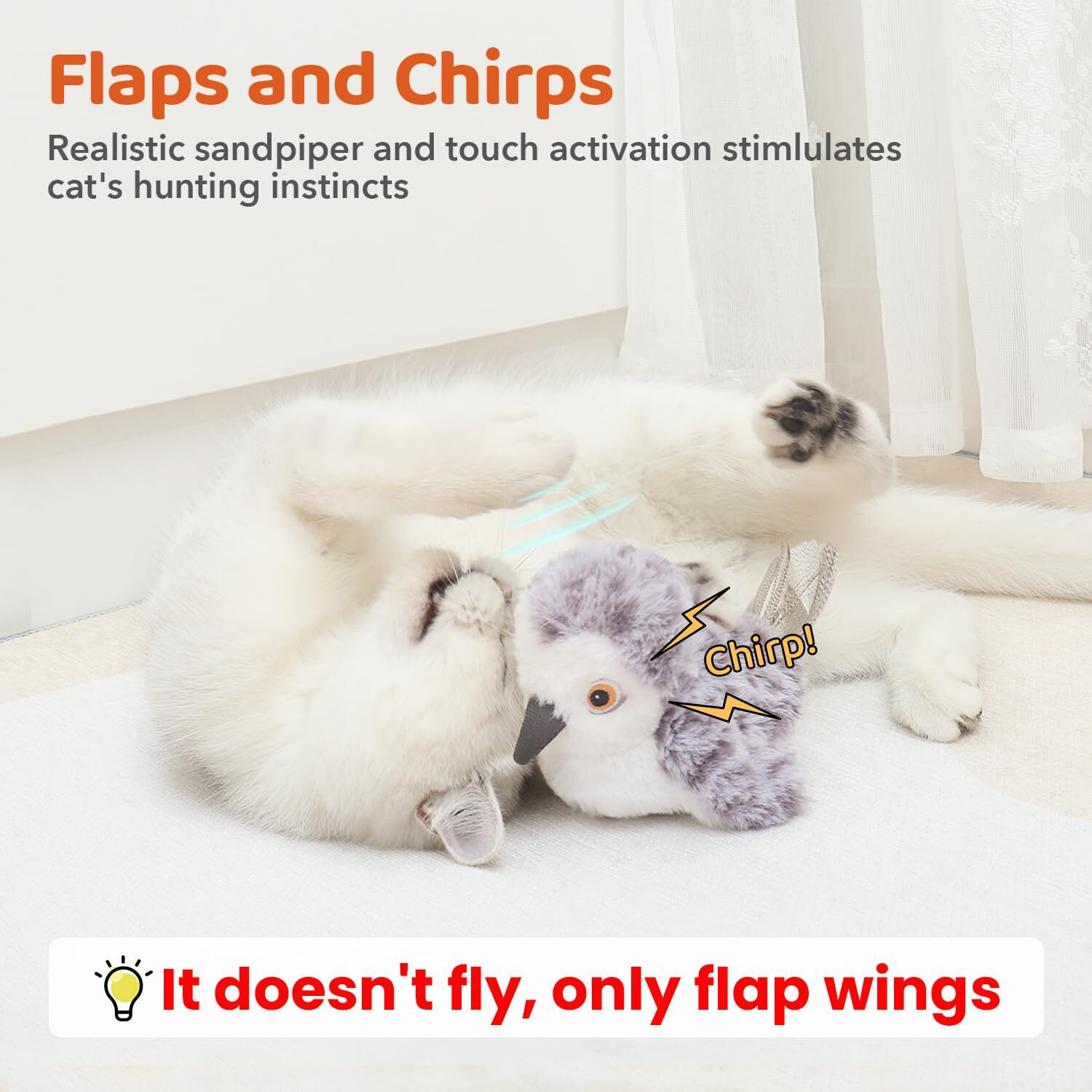 Potaroma Cat Toys Flapping Bird (No Flying), Lifelike Sandpiper Chirp Tweet, Rechargeable Touch Activated Kitten Toy Interactive Cat Exercise Toys For All Breeds Cat Kicker Catnip Toys 4.0 ""