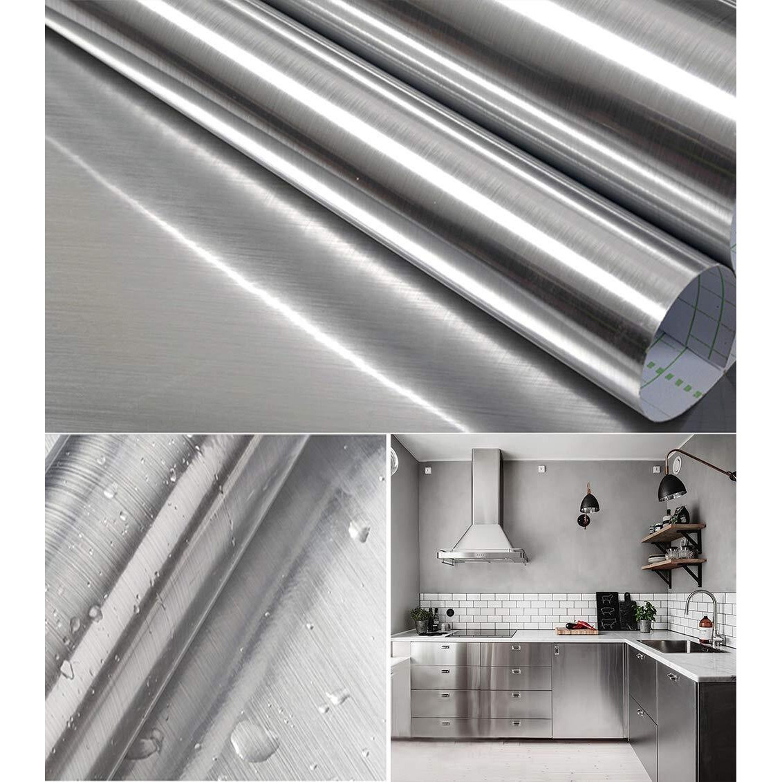 17.7''X197'' Silver Wallpaper Stainless Steel Contact Paper Metallic Silver Peel And Stick Waterproof Removable Wallpaper For Kitchen Cabinet Appliances Countertop Dishwasher Refrigerator Stove
