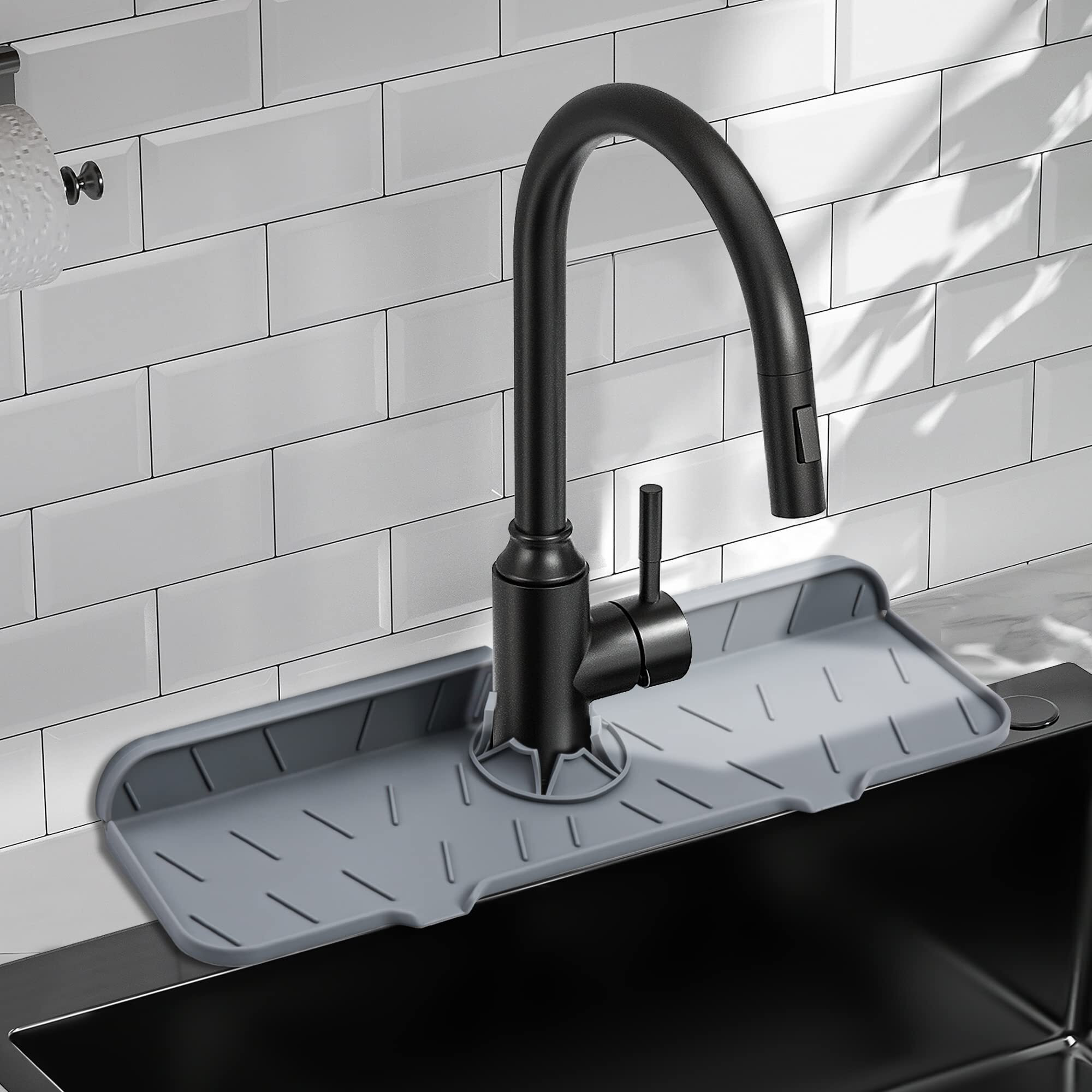Meiliweser Silicone Sink Splash Guard Gen 2 - Slope Upgraded Faucet Mat - 15"" X 5.5"" - Sink Gadgets-Splash Guard Behind Faucet Water Drip Catcher Mat For Kitchen, Bathroom, Sink Sponge Holder(Gray)
