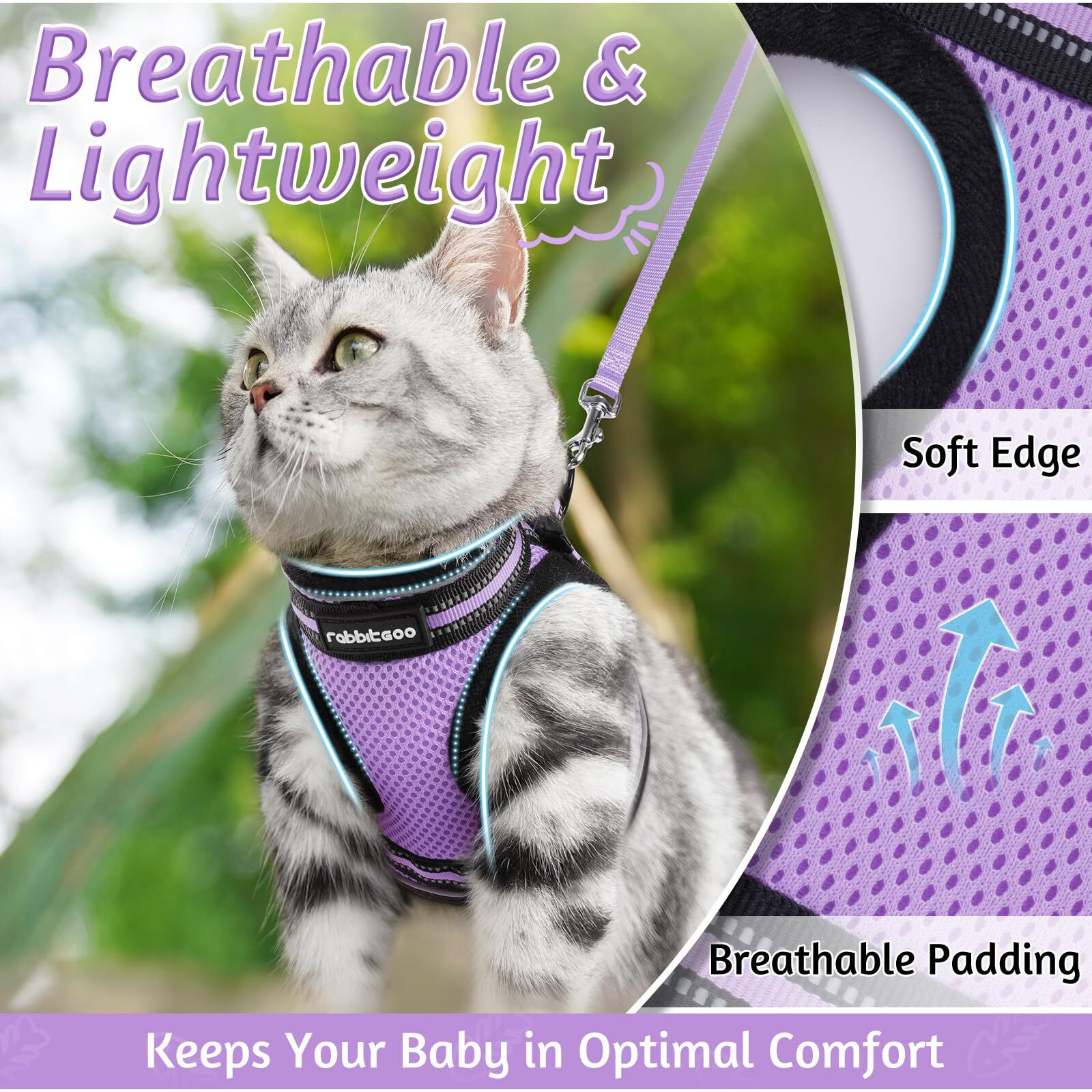 Rabbitgoo Cat Harness And Leash Set For Walking Escape Proof, Adjustable Soft Kittens Vest With Reflective Strip For Cats, Comfortable Outdoor Vest, Light Purple, S