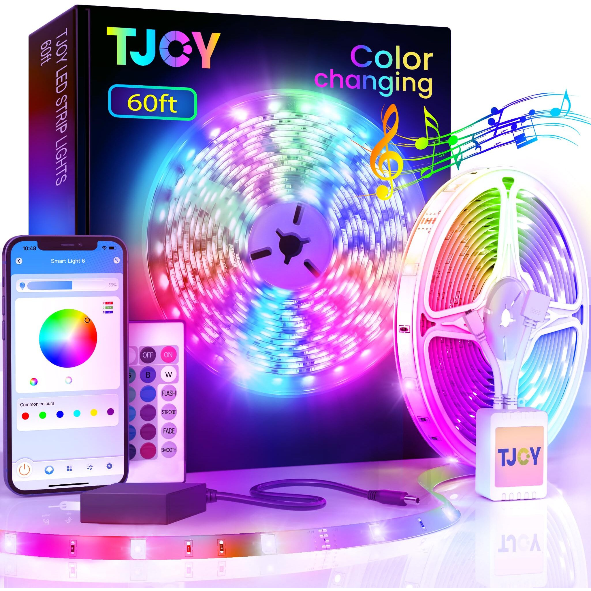 Tjoy 60FtBluetooth Led Strip Lights, Music Sync LedLights Strip,Rgb Color Changing Led Lights WithRemote,Smart Phone App Control,Led Lights For Bedroom,Ceiling,Room Diy(App+Remote +Mic/60Ftx1)
