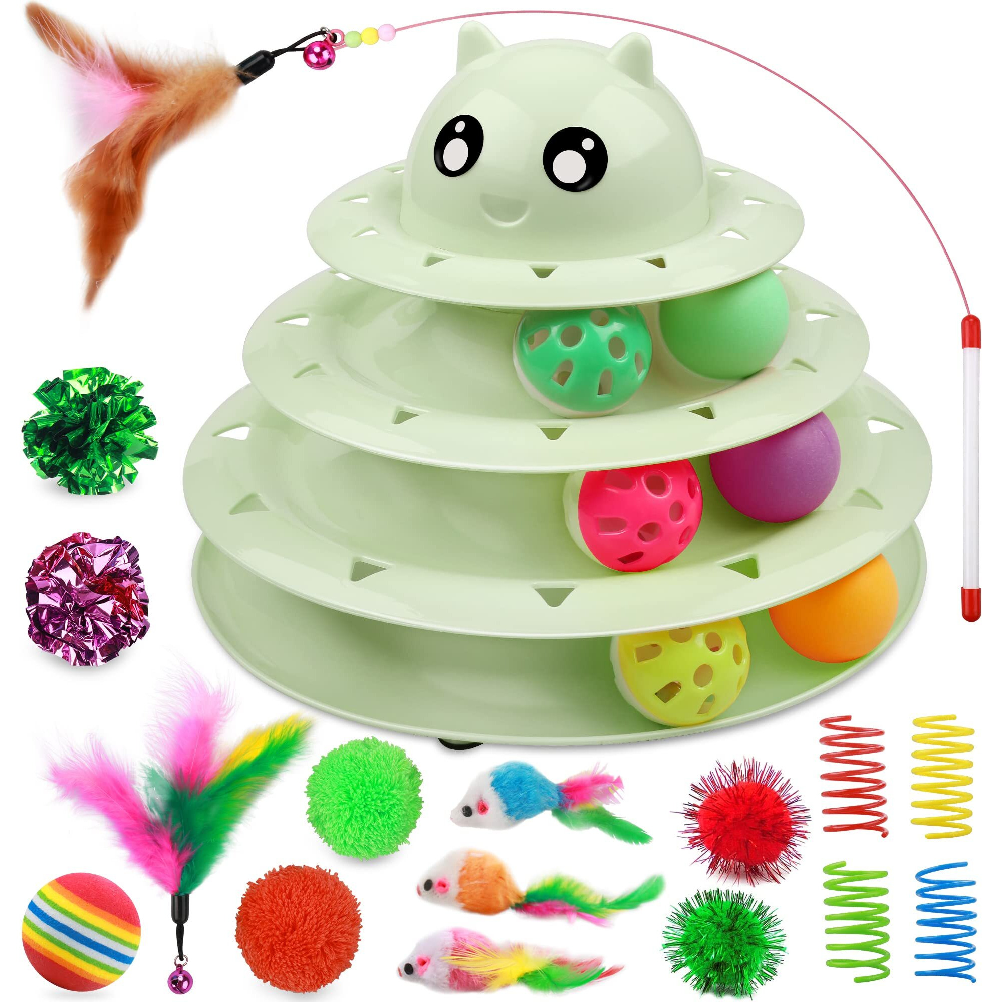 Upsky 20 Pcs Cat Toys - 3-Level Turntable Roller With Balls For Indoor Cats, Kitten Set With Teaser, Mice, Spring, And Various Ball Toys