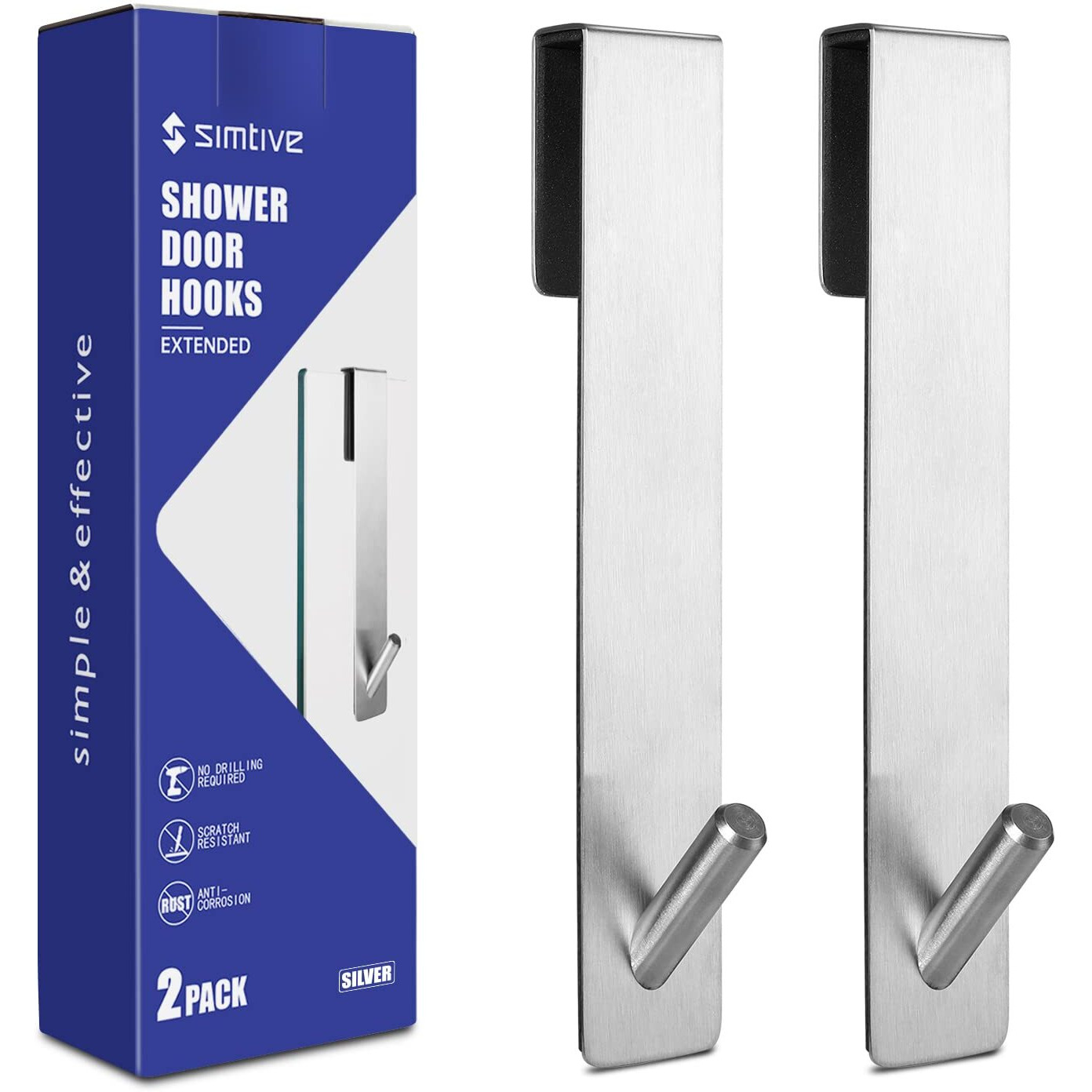 Simtive Extended (7-Inch) Over Door Hooks For Bathroom Frameless Glass Shower Door, Towel Hooks, 2-Pack, Silver