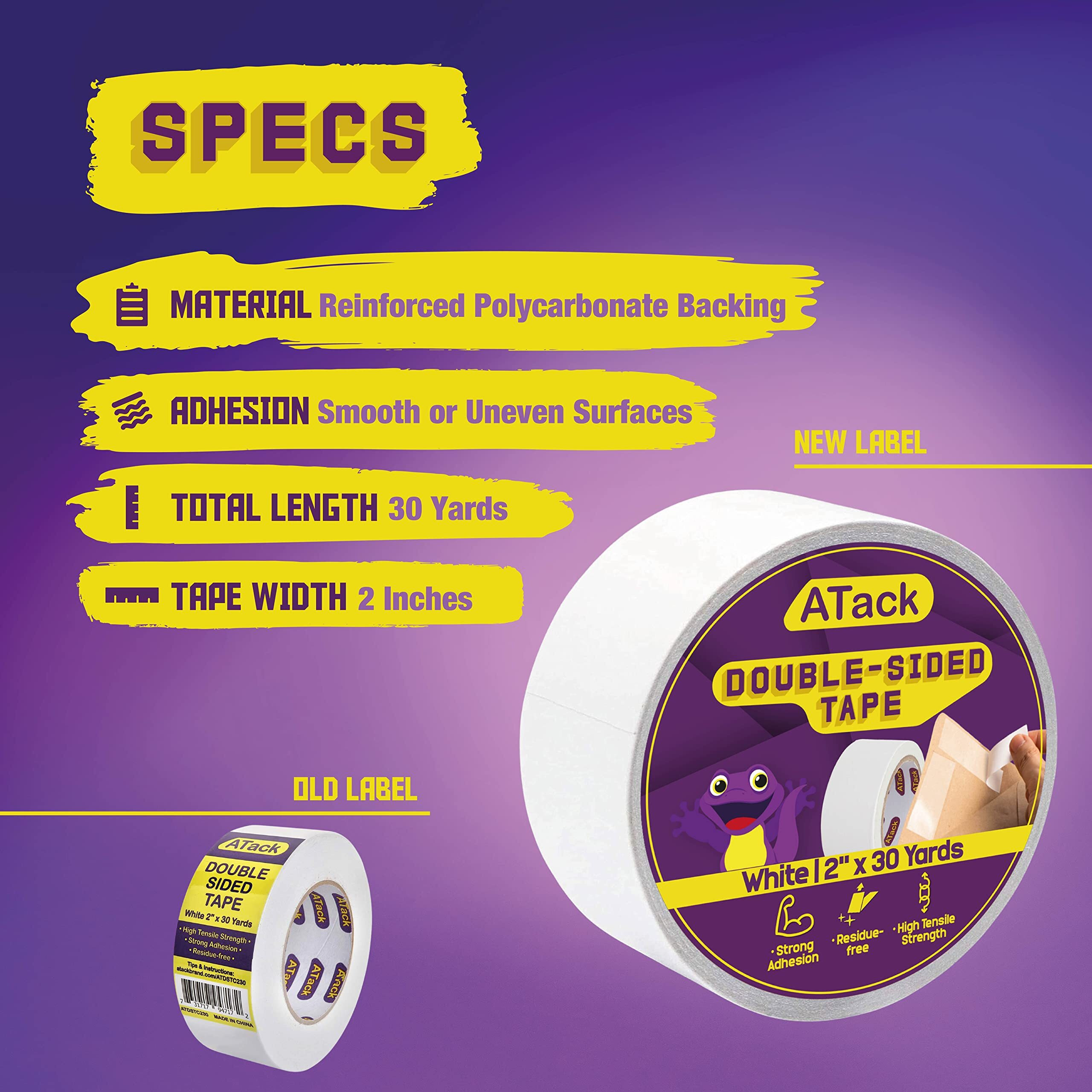 Atack Double-Sided Tape White, 2"" X 30 Yards, Heavy Duty Double Sides Self Sticky Wall Fabric Tape For Wood Templates, Furniture, Leather, Curtains And Craft