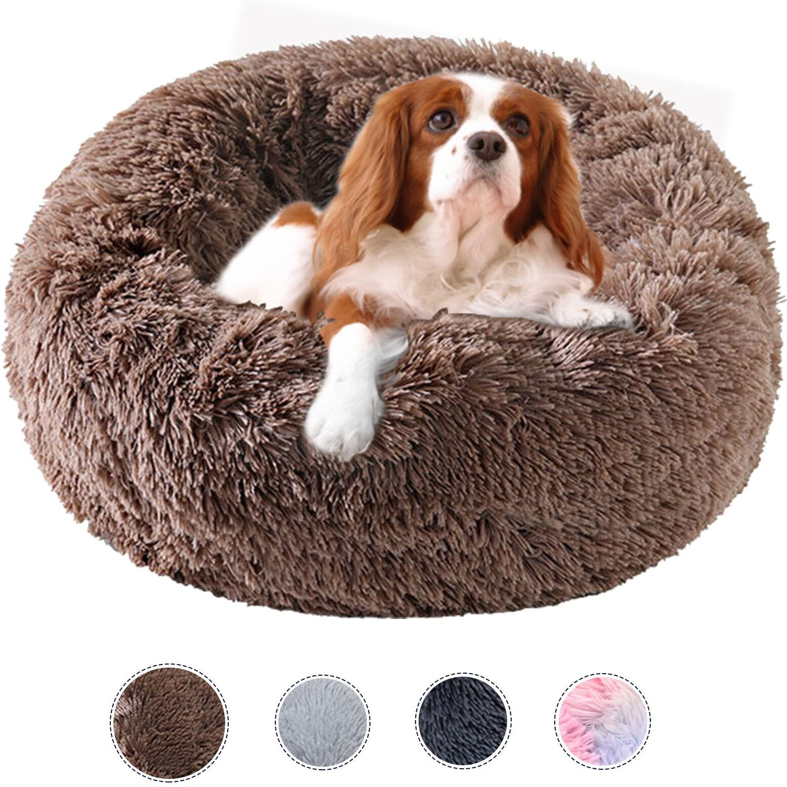 Kimpets Dog Bed Calming Dog Beds For Small Medium Large Dogs - Round Donut Washable Dog Bed, Anti-Slip Faux Fur Fluffy Donut Cuddler Anxiety Cat Bed(20"")