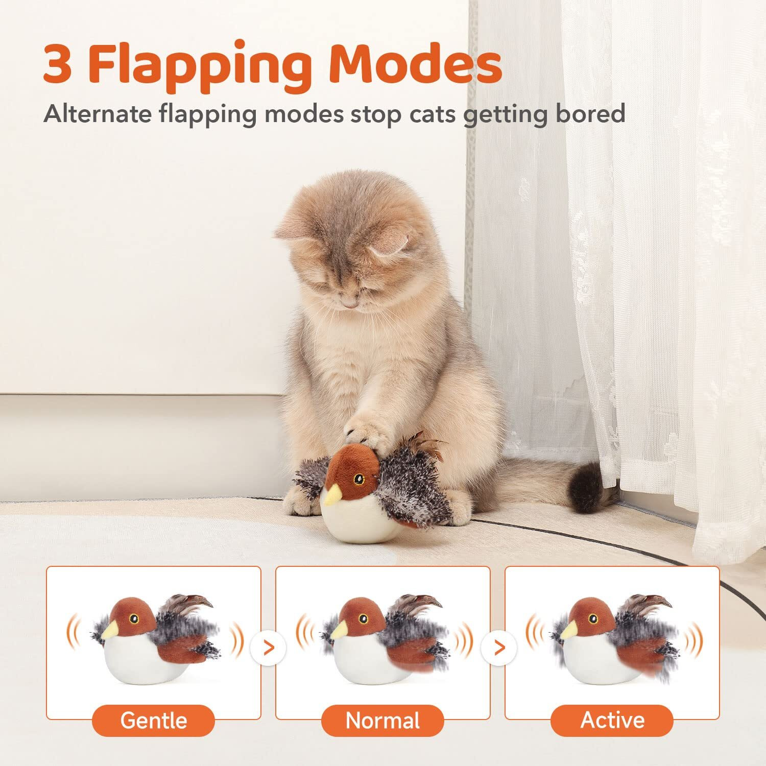 Potaroma Cat Toys Rechargeable Flapping Bird Sparrow, Lifelike Chirp Tweet, Touch Activated Kitten Toy Interactive Cat Exercise Toys For All Breeds Cat Kicker Catnip Toys 4.0 Inches