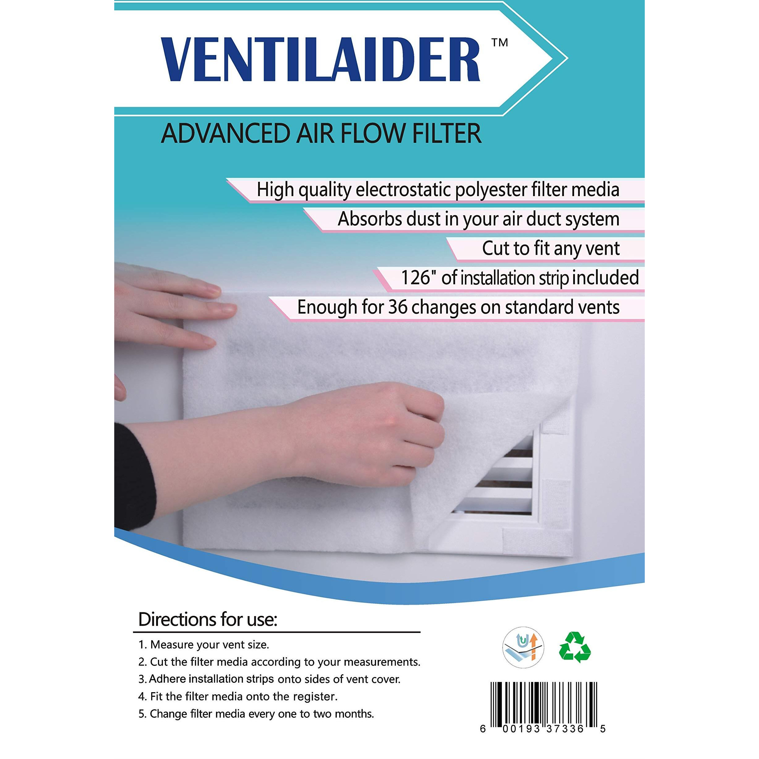 Ventilaider Complete Air Vent Filter Set 20"" X 84"" Electrostatic Media With 126"" Of Installation Tape 35+ Filters Per Roll For Hvac, Ac & Heating Intake Registers & Grilles To Reduce Dust And Allergy