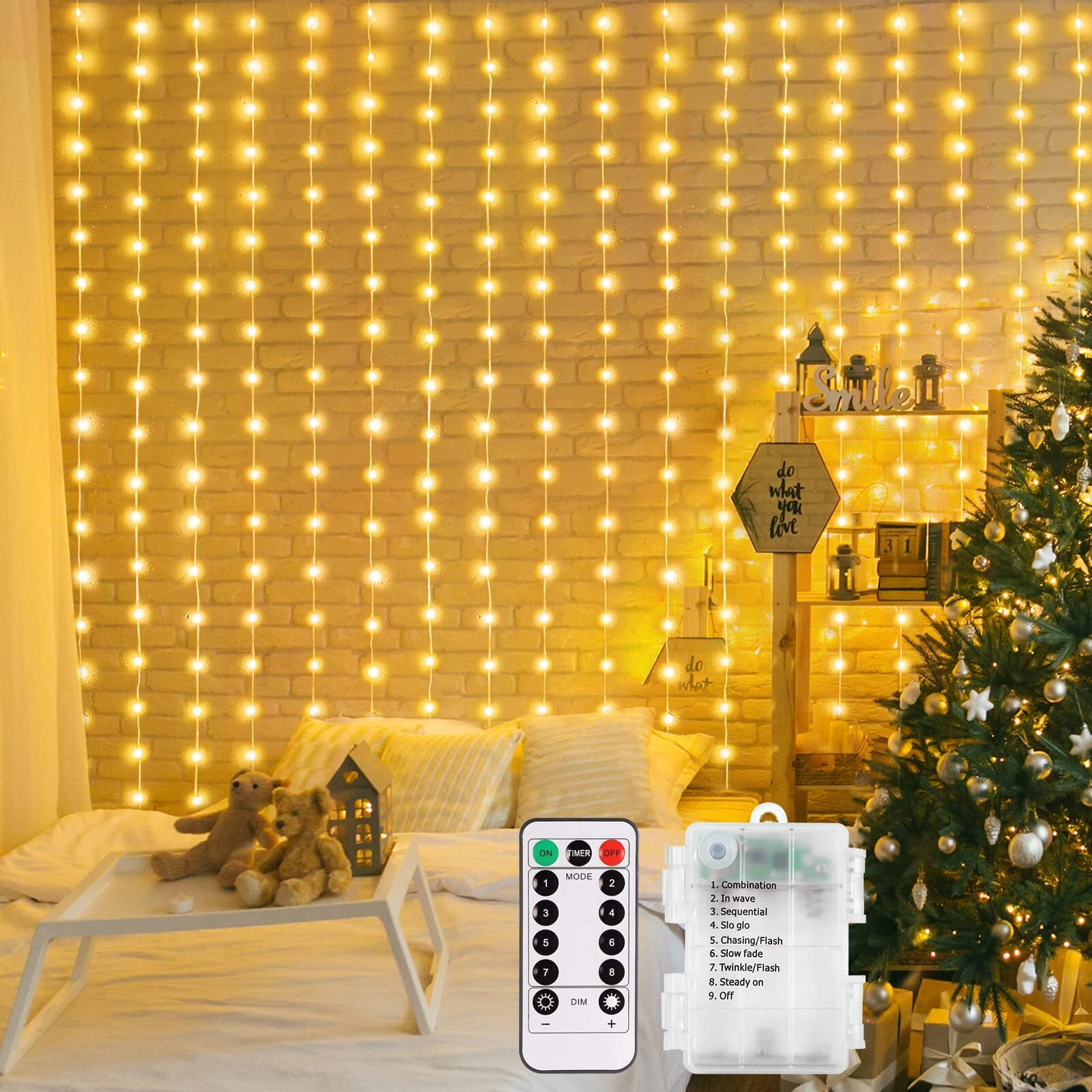 Battery Operated Curtain String Lights, 6.66.6Ft 200 Led Curtain Icicle Wall Lights With Remote 8 Modes Timer Waterproof Fairy Lights For Outdoor Indoor Wedding Backdrops Bedroom Decor (Warm White)