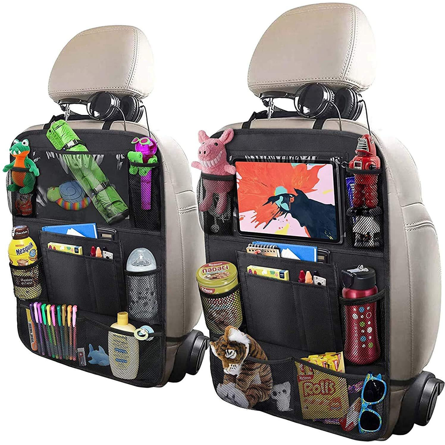 Uleeka Car Backseat Organizer With 10"" Table Holder, 9 Storage Pockets Seat Back Protectors Kick Mats For Kids Toddlers, Travel Accessories, 2 Pack