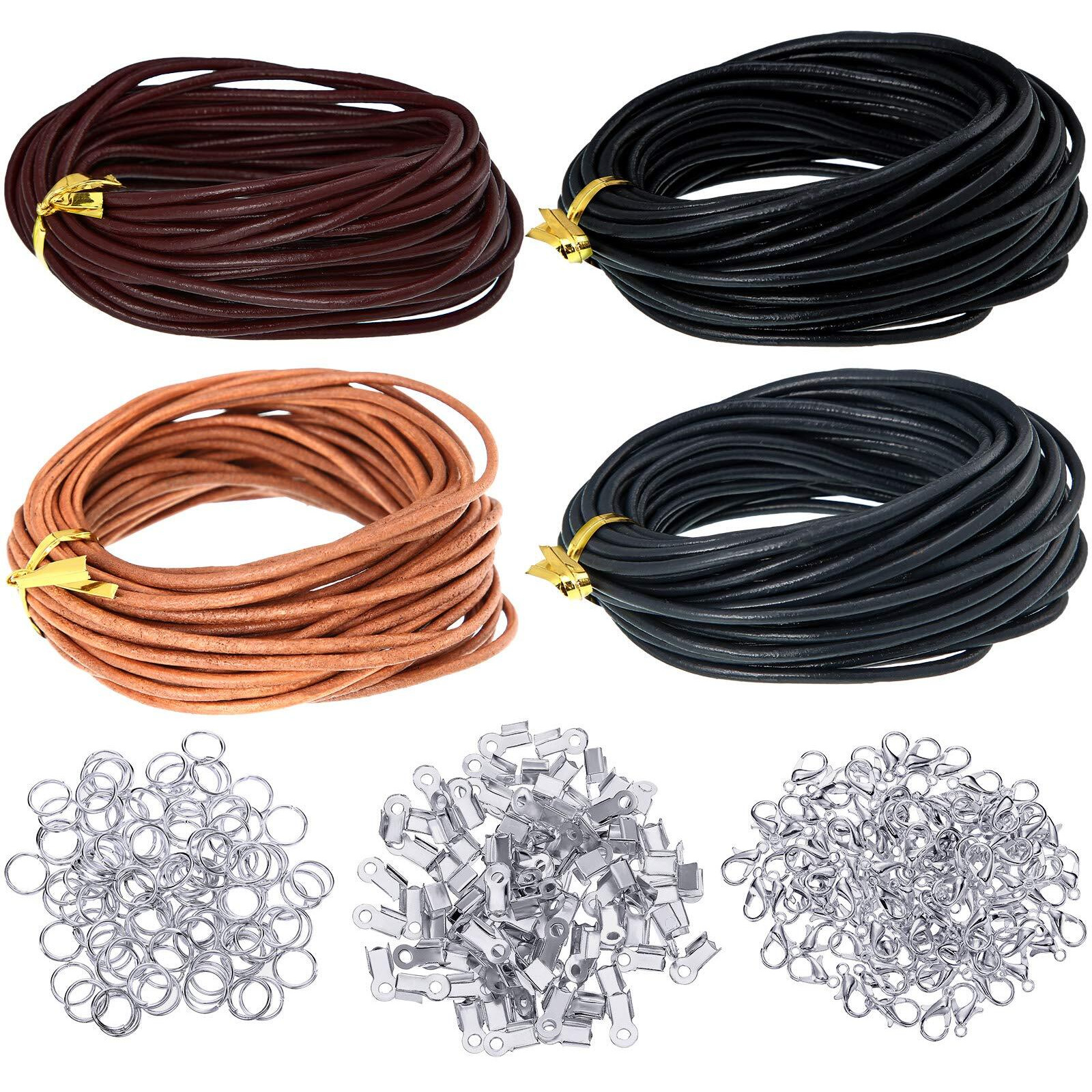 Leather Cord For Jewelry Making Kit, 24 Meters 2 Mm Wide Leather Cord Leather Jewelry Rope And 250 Pieces Jewelry Findings Necklace Bracelets Craft Twine Accessories
