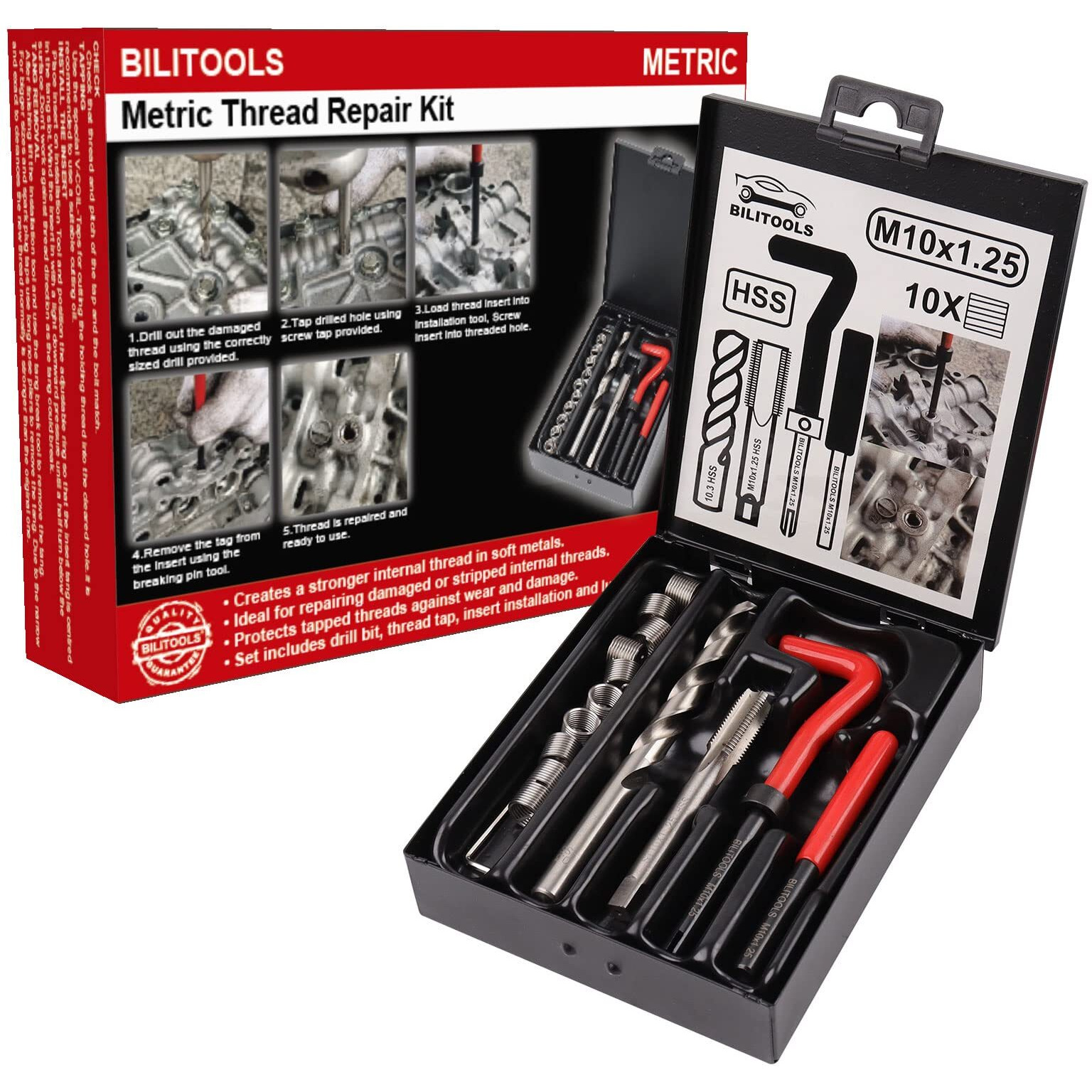 Bilitools M10X1.25 Thread Repair Kit, Hss Drill Helicoil Repair Kit Metric