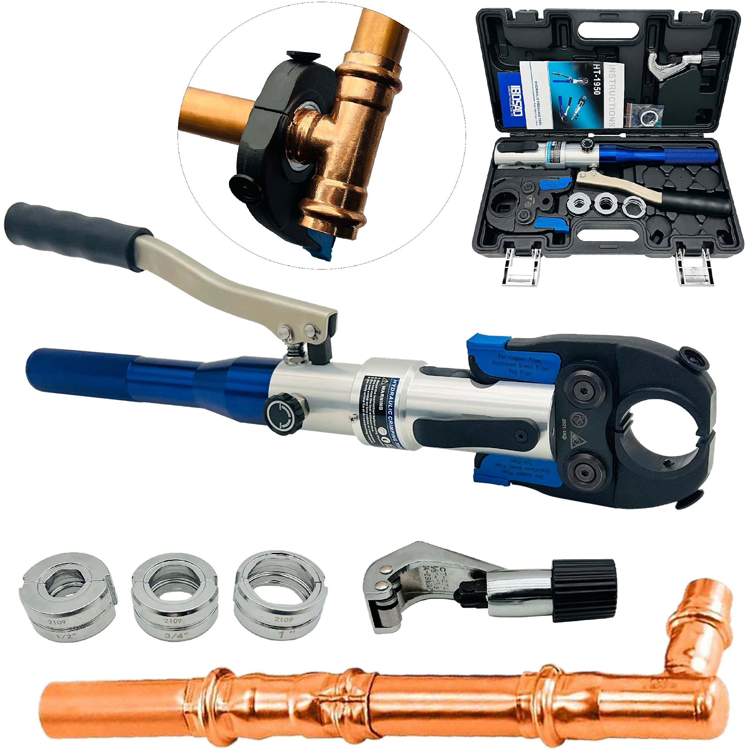 Ibosad Copper Tube Fittings Hydraulic Pipe Crimping Tool With 1/2 Inch,3/4 Inch And 1 Inch Jaw Copper Pipe Propress Crimpers Pressing Pliers,Suit For Narrow Space And Tee Fitting
