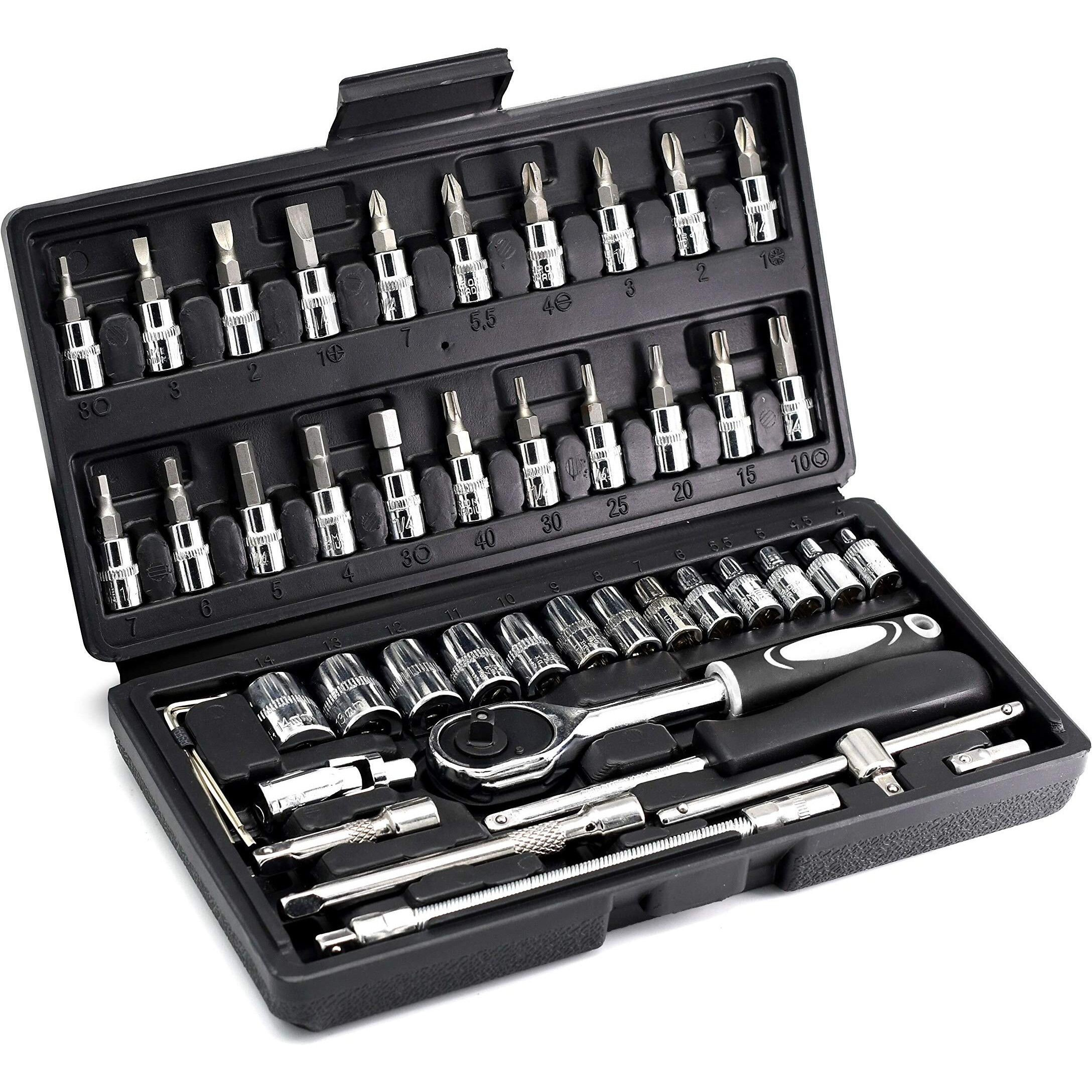 Yufanya 46Pcs 1/4 Inch Drive Socket Set,Metric Ratchet Wrench Set With 4-14Mm Cr-V Sockets,S2 Bits,Extension Bars,Mechanic Tool Kits For Household Auto Repair