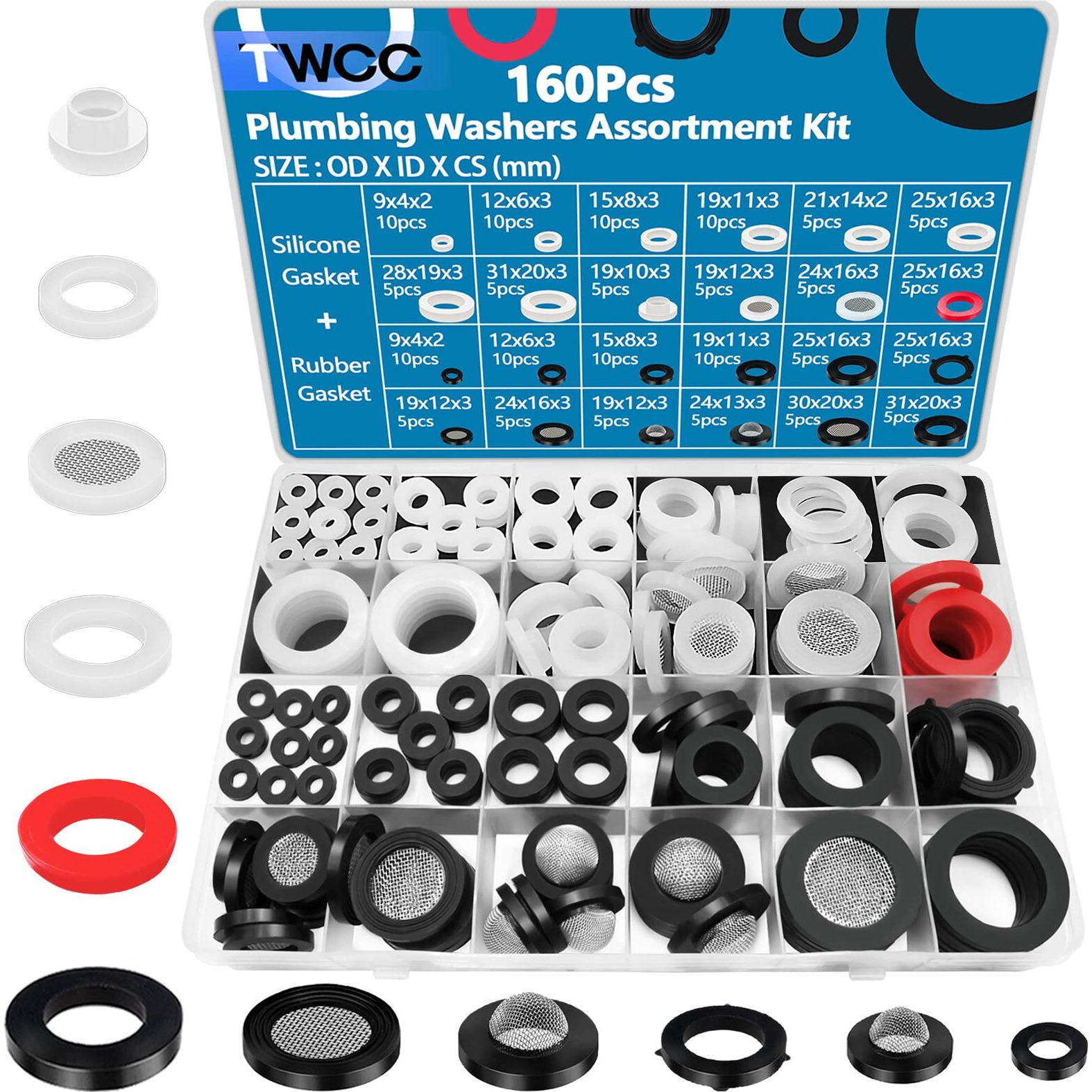 Twcc 160Pcs Plumbing Hose Rubber Washers Assortment Set With Screen Filter And Silicone Washer Kit For Shower Head Gasket Garden Hose Washing Machine Inlet Supply Lines Faucet Gaskets Replacement