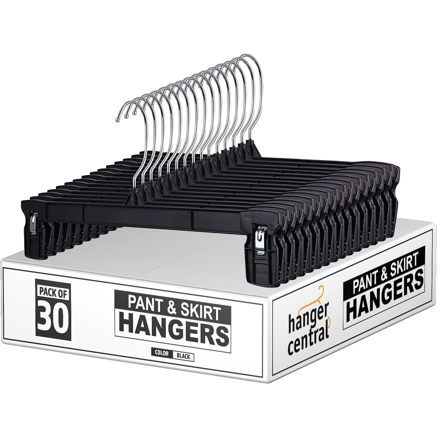 Hanger Central 30 Pack Space Saving Heavy Duty Slim Plastic Pants, Skirts, Shorts Hangers, Ridged Non-Slip With Pinch Clips, 360-Rotating Chrome Swivel Hook, In Black, 10 Inches