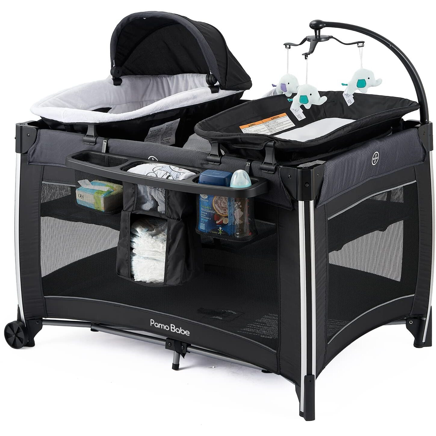 Pamo Babe 4 In 1 Portable Baby Crib Deluxe Nursery Center, Foldable Travel Playard With Bassinet, Mattress, Changing Table For Newborn, Infant, Toddler(Black)