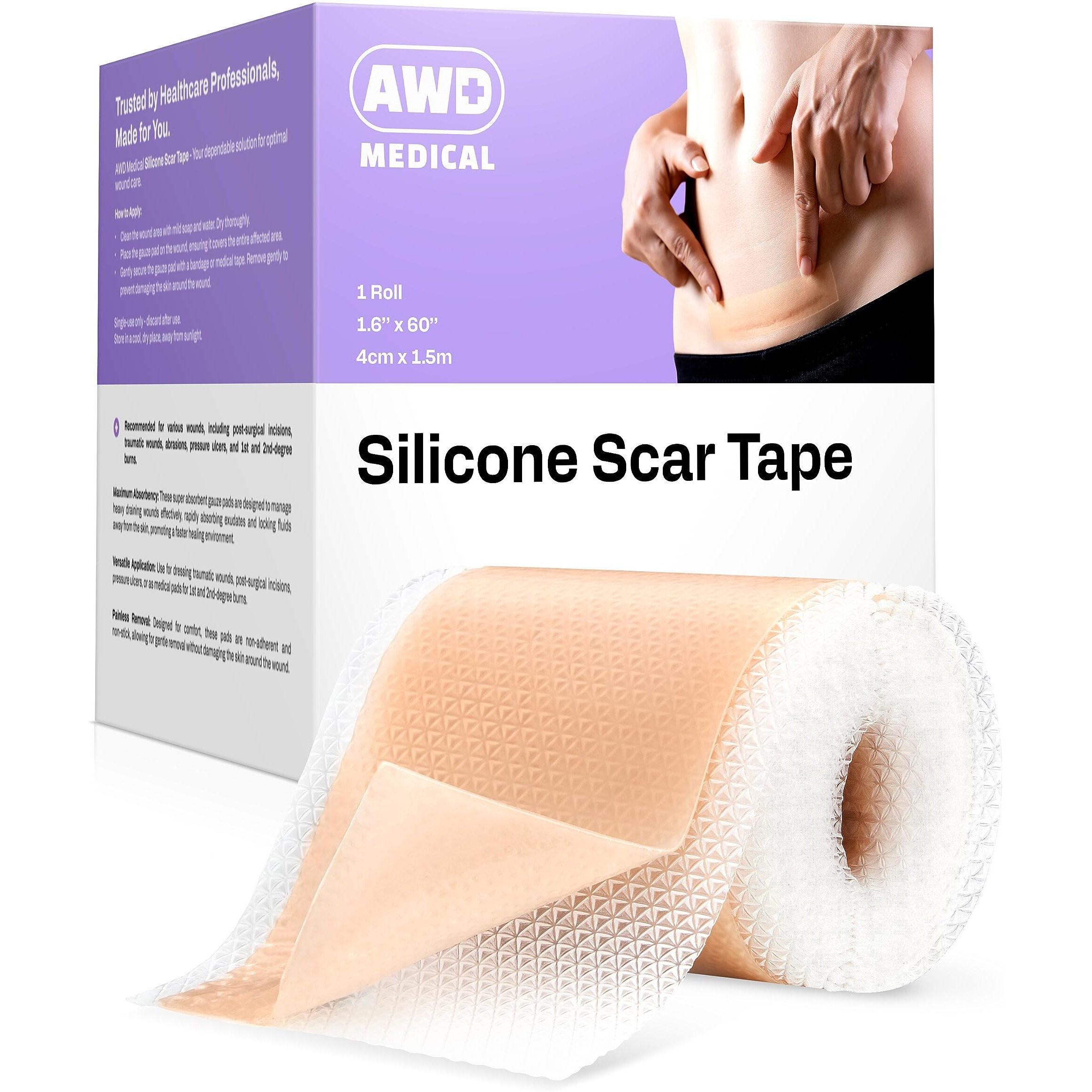 Awd Silicone Scar Tape For Surgical Scars - Medical Grade Silicone Scar Sheets For C Section, Tummy Tuck Tape, Keloid Treatment - Silicone Skin Patches After Surgery Must Haves (1.6"" X 60"" Roll)