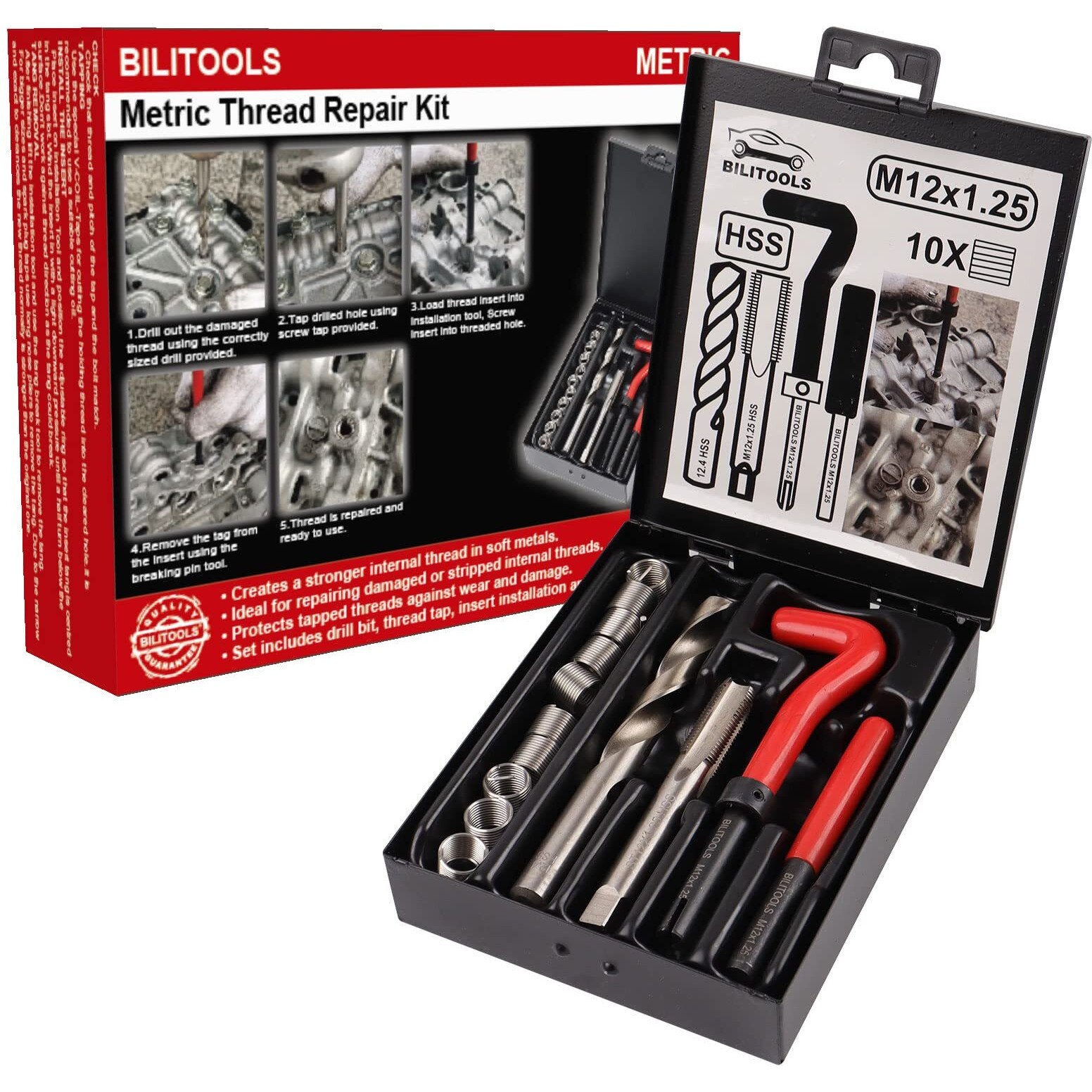 Bilitools M12X1.25 Thread Repair Kit, Hss Drill Helicoil Repair Kit Metric