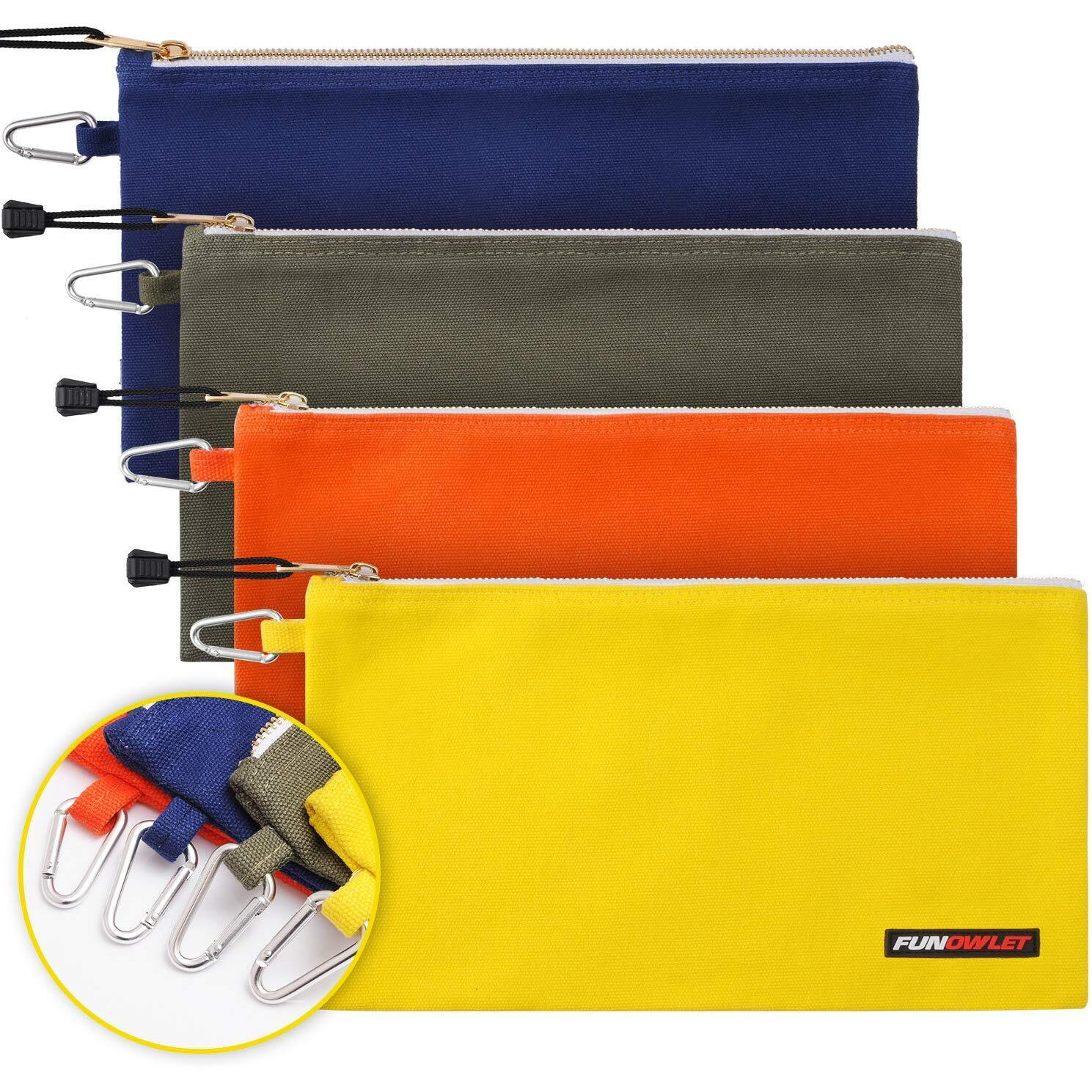 Funowlet Utility Canvas Zipper Tool Bag - Heavy Duty Tools Pouch With Carabiner, Multi-Purpose Storage Organizer Clip On Tote Bags In Olive, Orange, Blue, Yellow, 4 Pack