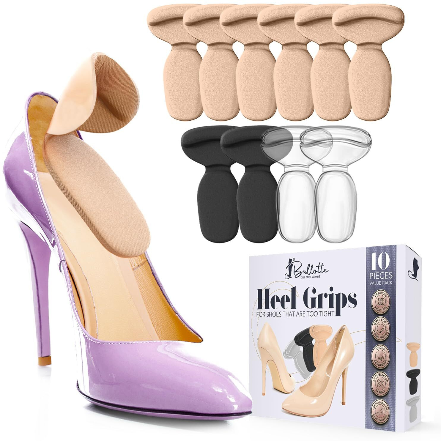 Ballotte Premium Grade Silicone Heel Protector (Multicolor - 10 Pack)  Heel Grips/Heel Pads For Women Heels - Shoe Inserts For Shoes That Are Too Big  High Heel Cushion Inserts Women