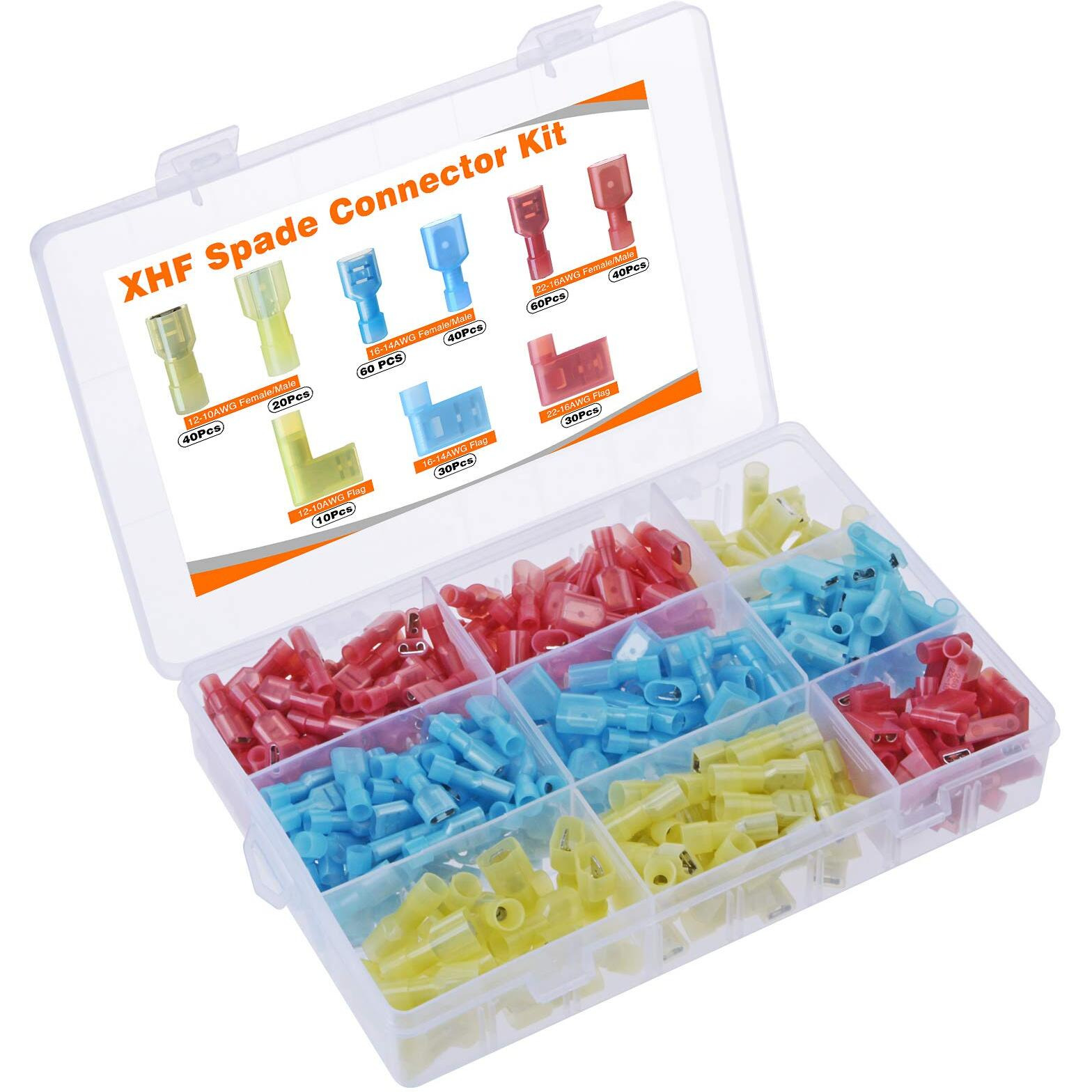 Xhf 330 Pcs 22-10 Awg Female Male Spade Flag Disconnect Connectors Kit Terminals Nylon Fully Insulated Quick Crimp Wire Connectors