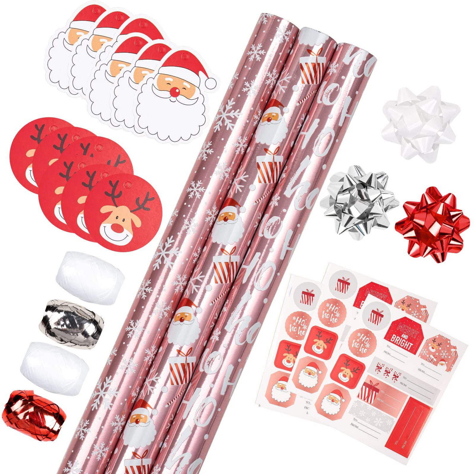 Lezakaa Pink Christmas Wrapping Paper Bundle With Bow, Ribbon, Sticker And Gift Tag - Metallic Foil Design With Snowflakes/Santa Claus/Ho Print - 17 X 120 Inches - 3 Rolls