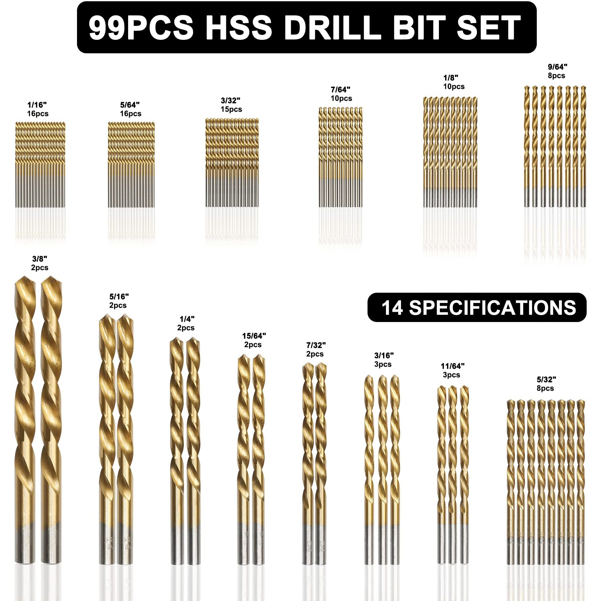Gmtools 99 Pcs Titanium Coated Drill Bit Set, High Speed Steel, Twist Drill Bit Kit For Cast Iron, Aluminum Alloy, Copper, Wood, Plastic, With Hard Storage, Size From 1/16"" To 3/8""