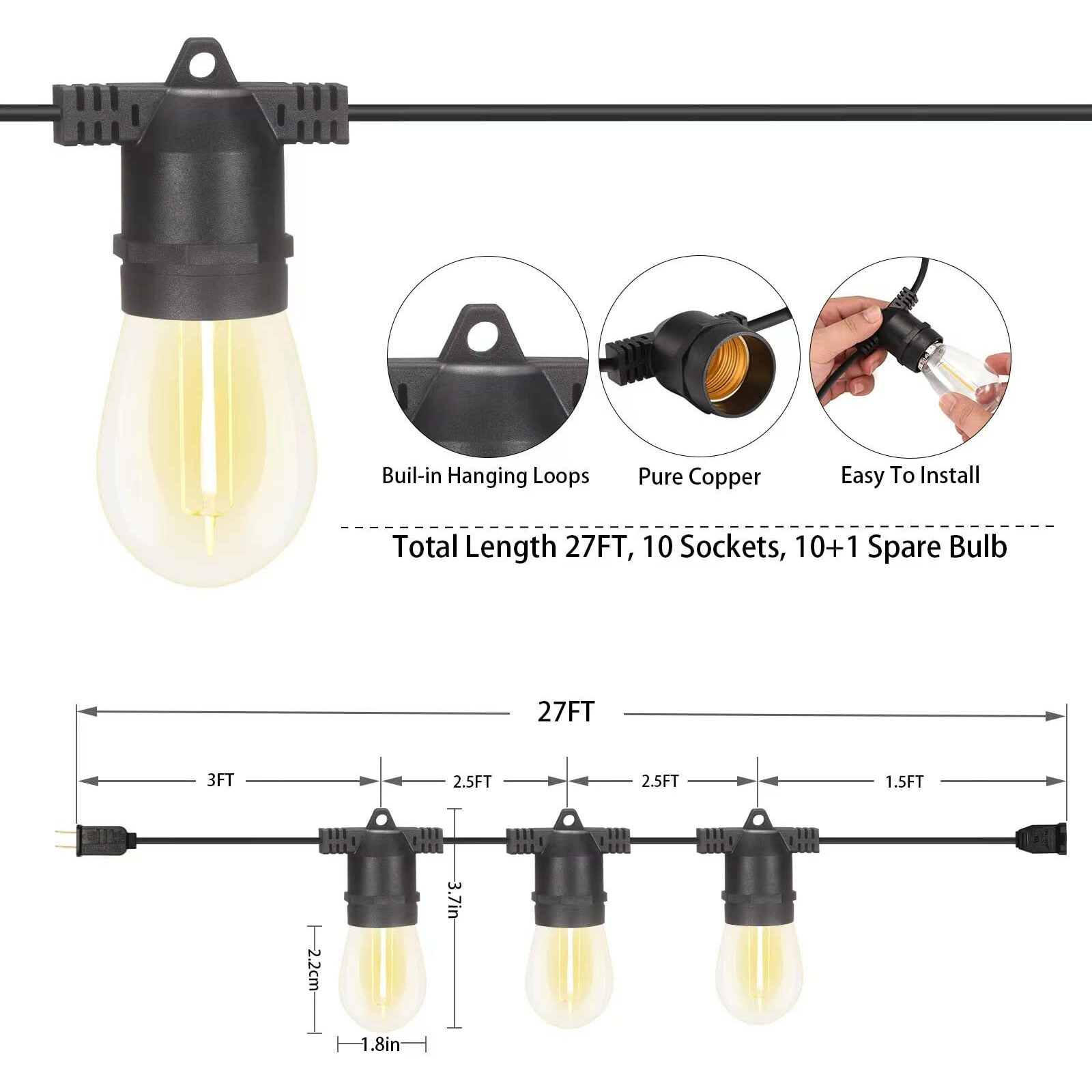 Alitade S14 Led Outdoor String Lights, Shatterproof Ip65 27Ft (Maximum 918Ft) Outdoor Lights For Patio Lights Outdoor Waterproof, Outside Lights For Outdoor Lighting, Edison Vintage Backyard Lights