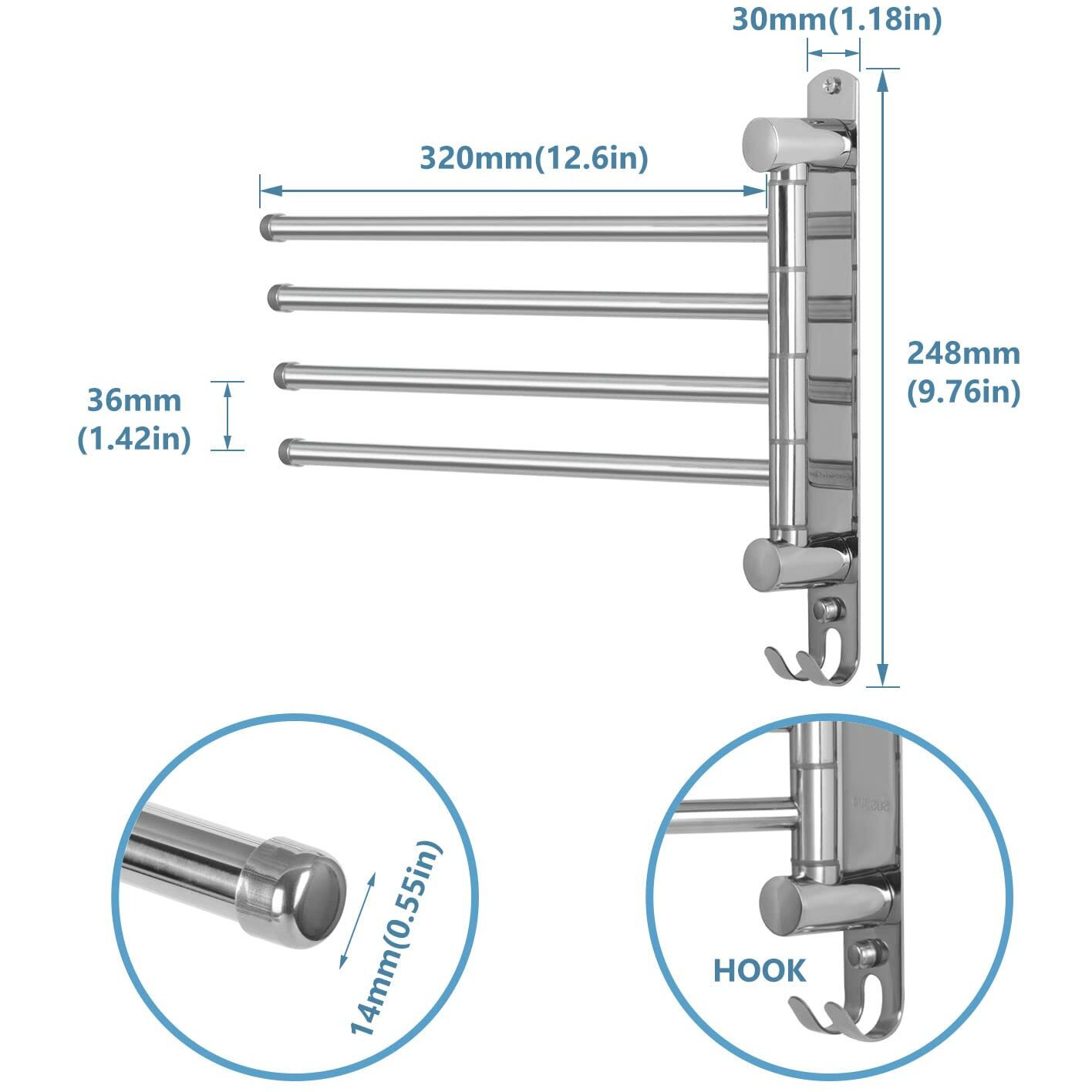 Swivel Bathroom Towel Rack Jsver Towel Rack Wall Mounted, Sus304 Stainless Steel Towel Bar, 4-Arm Space Saving Towel Hanger, Towel Racks For Bathroom, Kitchen