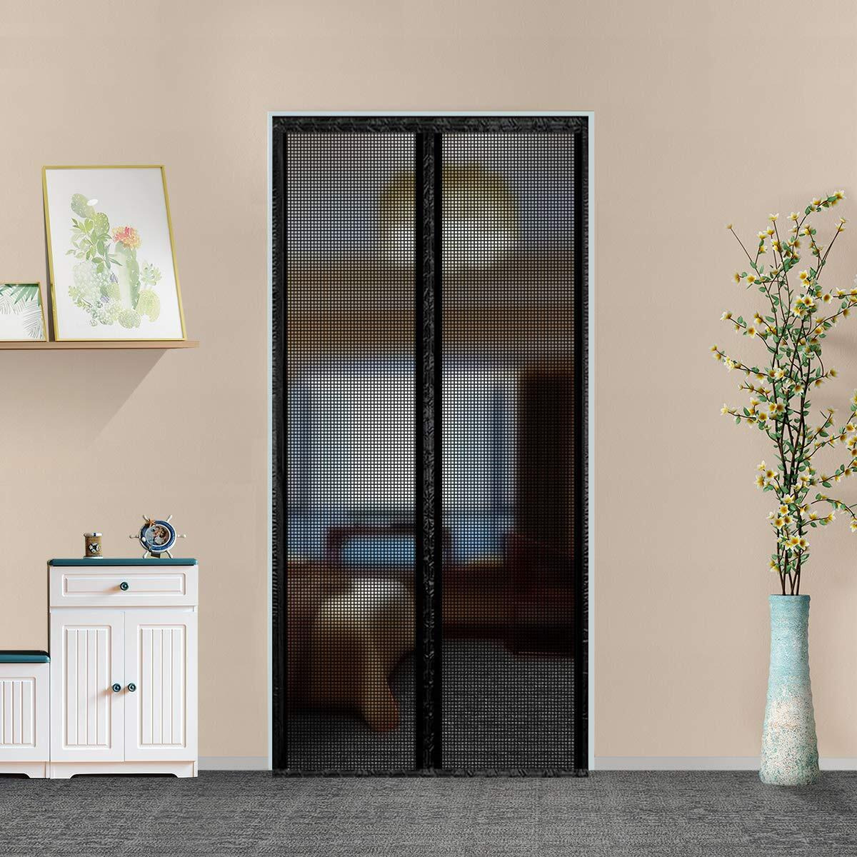 Fiberglass Magnetic Screen Door, Heavy Duty Mesh Door Curtain Hands Free For Patio, Bedroom, Pet And Kid Friendly, Fits Doors Up To 38"" X 82"",Black