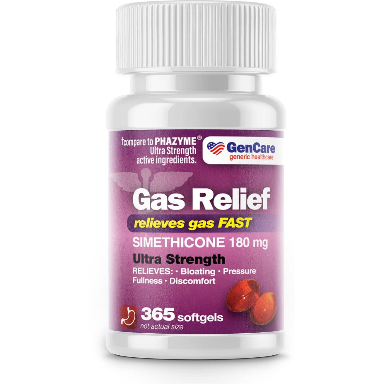 Gencare - Ultra Strength Simethicone Gas Relief 180 Mg (365 Softgels)  Anti Flatulence, Bloating Aid, Stomach Discomfort And Gas Pressure Reliever Pills  Relieves Gas Fast  Generic Phazyme